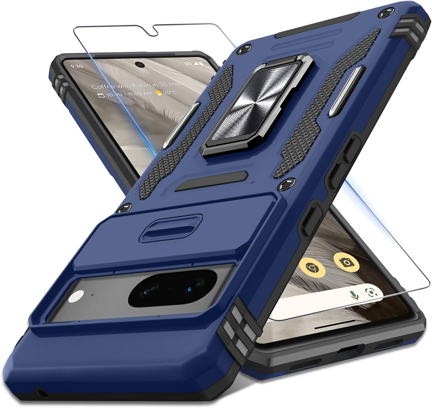 DEERLAMN Funda para Google Pixel 7 con cubierta deslizante para cámara + protector de pantalla (1 unidad), soporte de anillo giratorio de grado