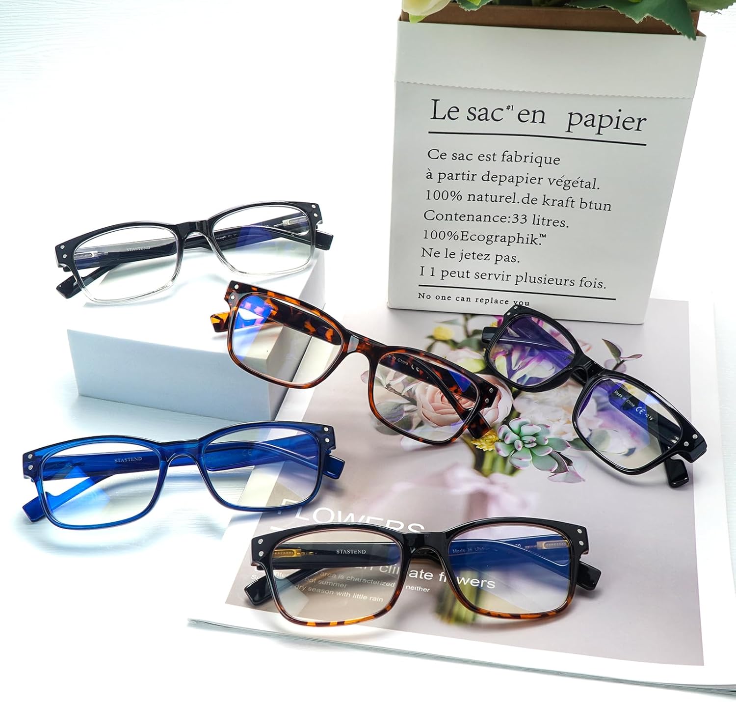 Paquete de 5 lentes de lectura de moda con bloqueo de luz azul para hombres y mujeres, filtro antirreflejos, lentes con bisagra de resorte