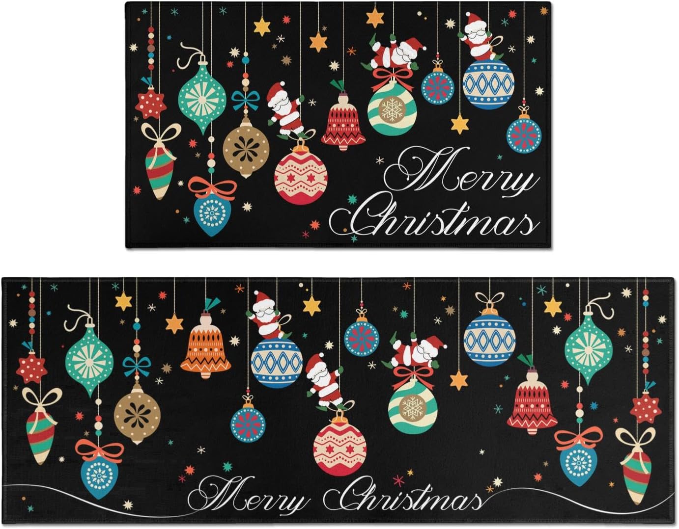 Alfombras y tapetes de cocina de Navidad, alfombras y tapetes negros de Navidad de Papá Noel, antideslizantes, lavables, tapetes navideños de bajo