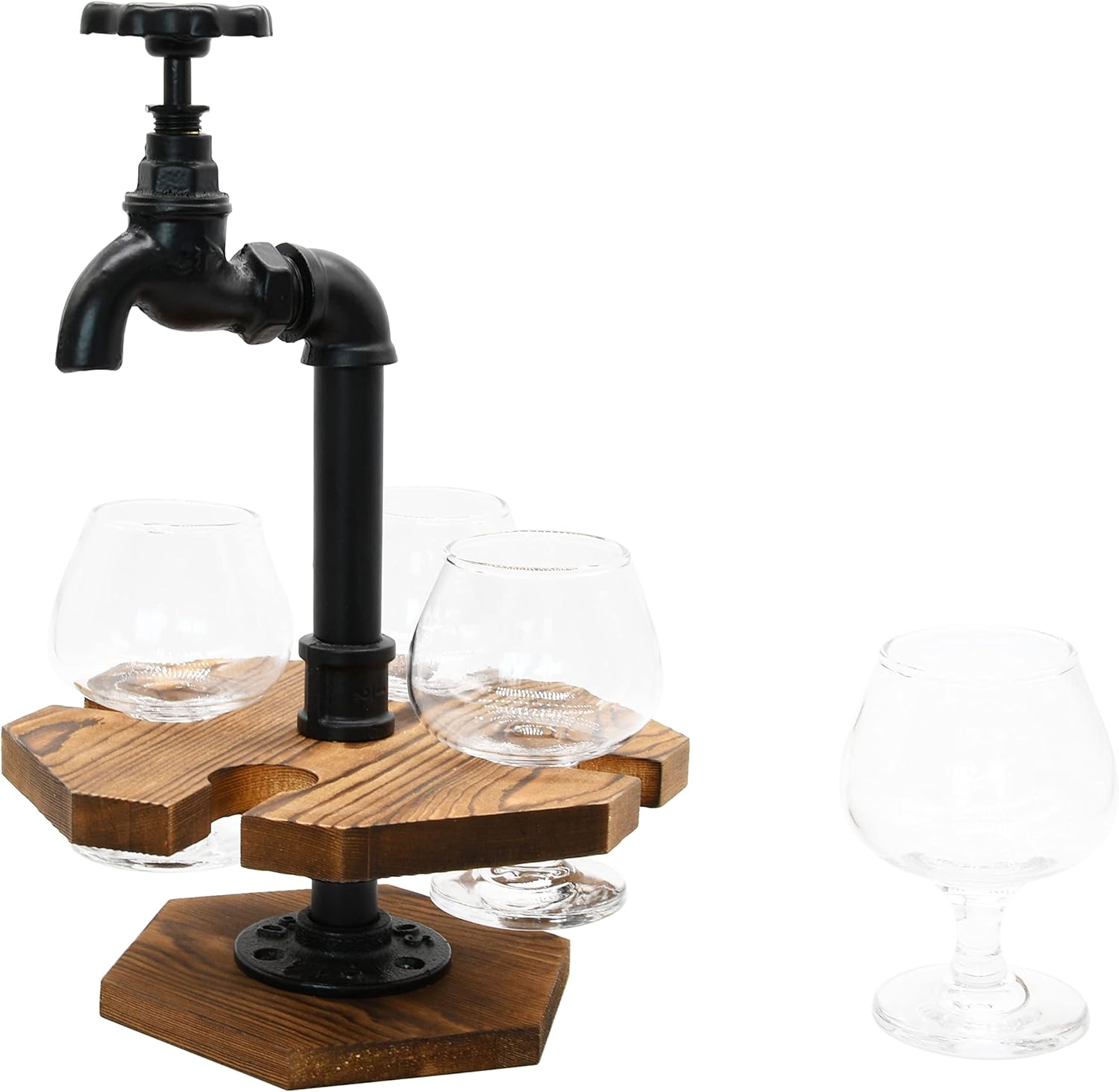 Owlgift Tubo industrial y madera quemada CervezaWhisky Vuelo Set con 4 vasos, grifo de hierro fundido diseño de espita