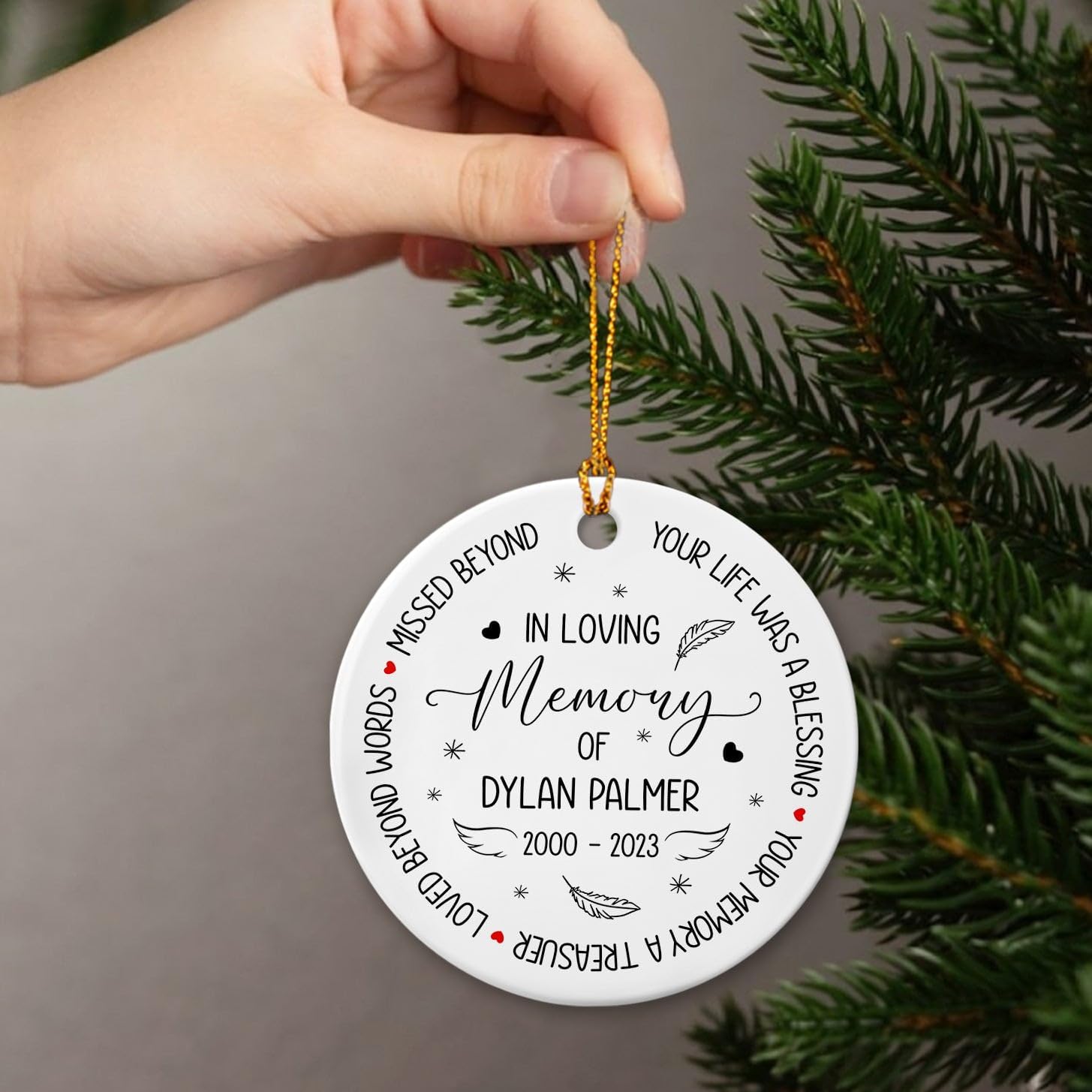 Adorno de Navidad con texto en inglés “In Loving Memory of Loss Loved One, Your Life was A Blessing”, adorno de cerámica conmemorativo personalizado