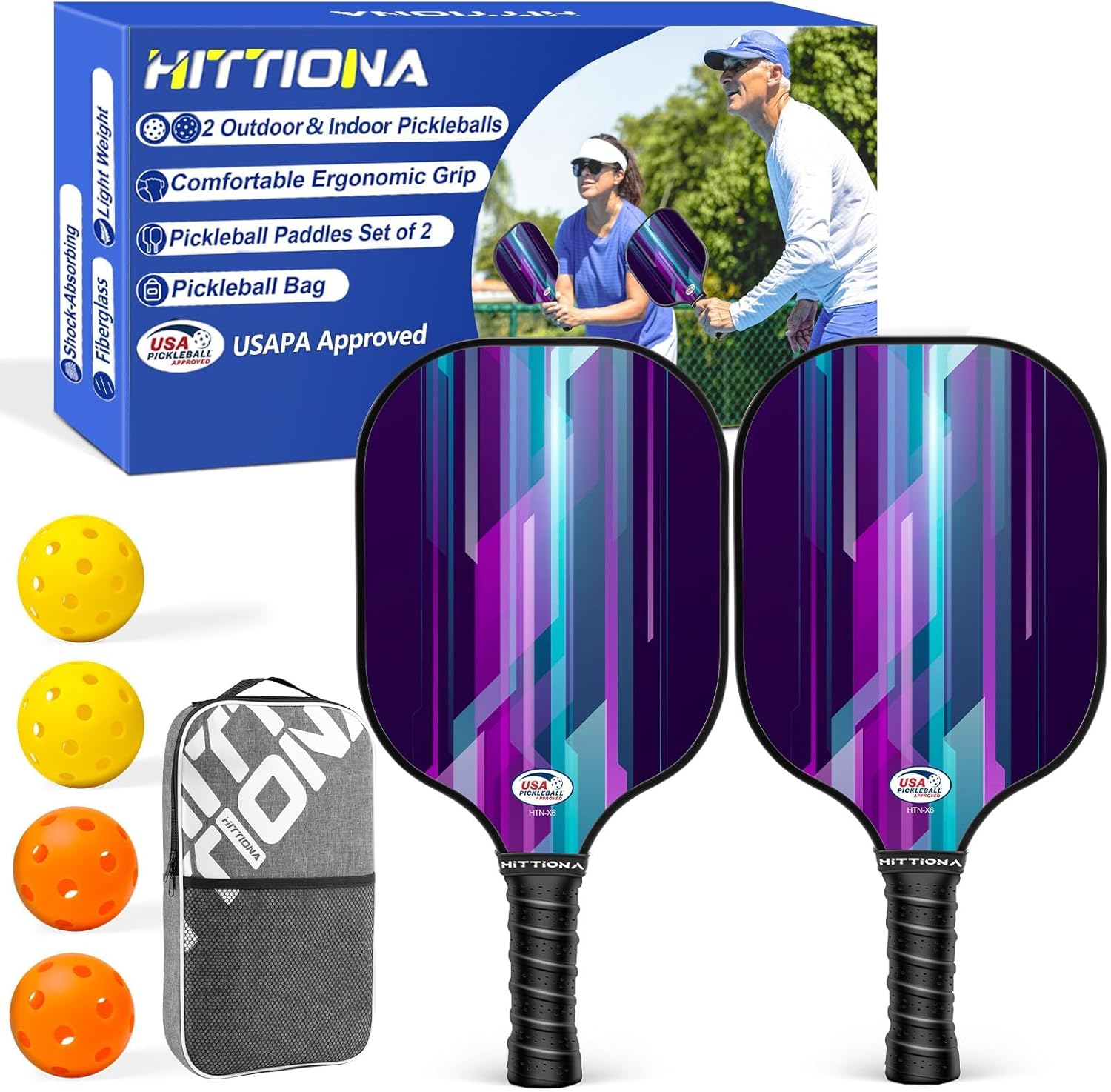 Paletas de pickleball – Juego de 2 palas de pickleball de fibra de vidrio, raquetas de pickleball aprobadas por USAPA, paquete de 2 con 4 bolas de