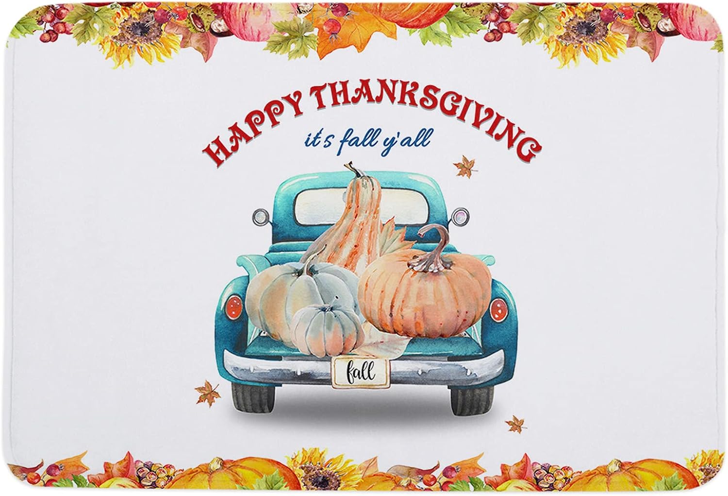 Thanksgiving Sponge Beth Mat, Indoor Bathroom Mat Absorb Water, Non Slip Washable Mud Dirt per Mats Rugs for Entrance, Blue Farm Truck with Pumpkin