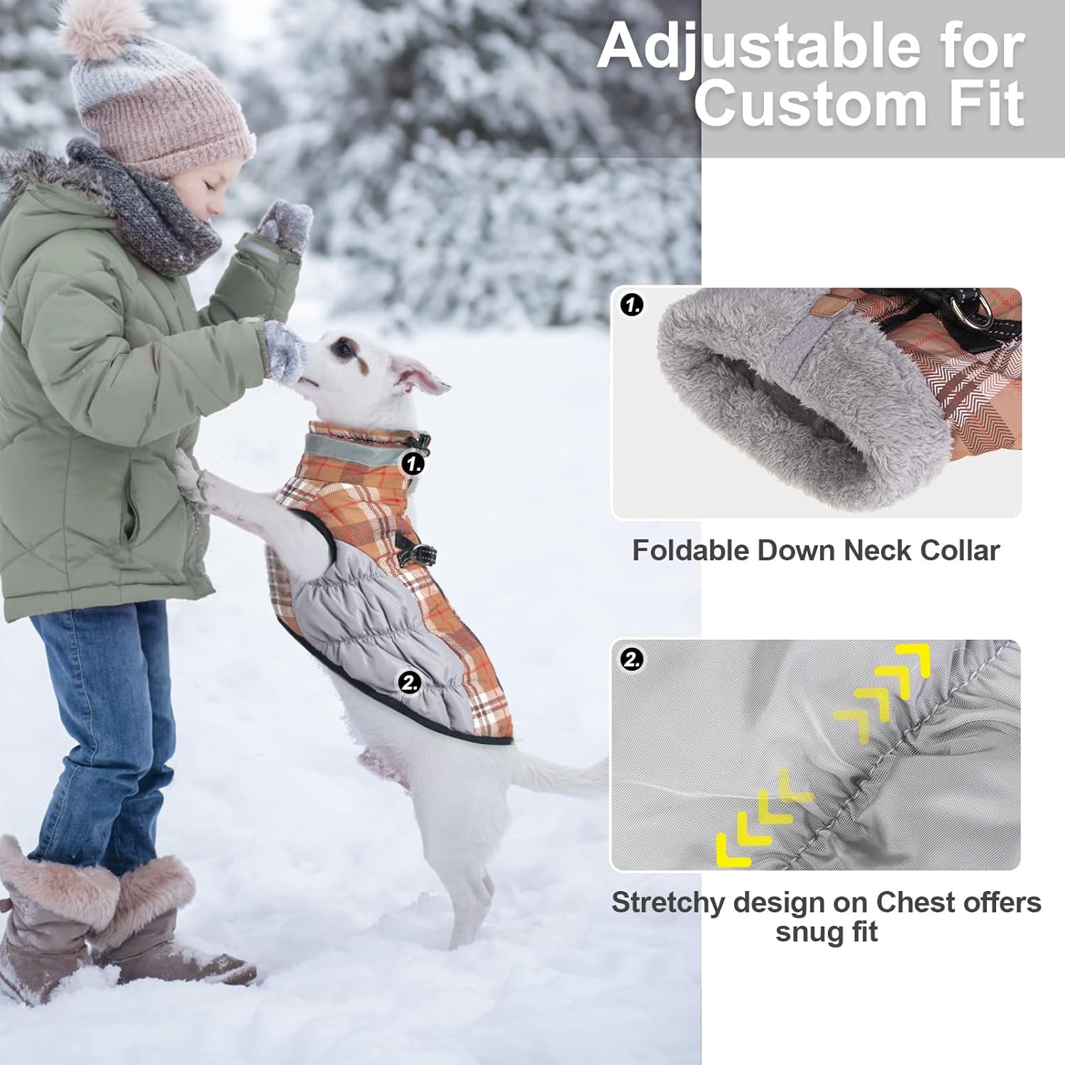 BEAUTYZOO Abrigo de invierno a cuadros para perro, chaqueta reflectante mejorada para perro, forro polar acolchado con arnés integrado, ropa