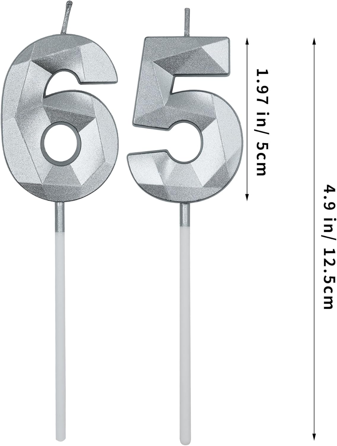 Velas de cumpleaños de 65 y 56 para pastel, número plateado 65 56 3D con forma de diamante, decoración de cumpleaños, suministros de fiesta para