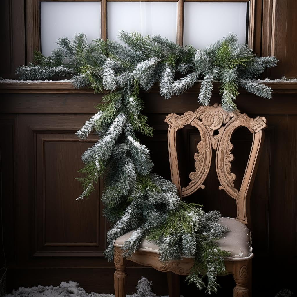 Guirnalda de pino de nieve, guirnalda de Navidad flocada para escaleras, guirnalda de pino de Navidad nevada, decoraciones de ramas largas,