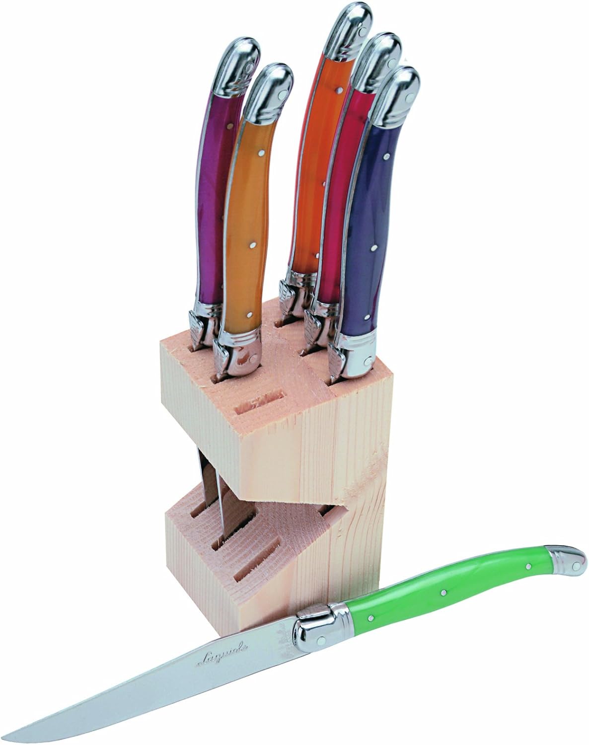 Jean Dubost Cuchillos para carne en bloque de madera, hojas de acero inoxidable, juego de 6, multicolor