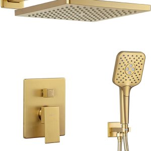 Casta Diva Sistema de ducha de oro cepillado que incluye cabezal de ducha de lluvia cuadrado de 10 pulgadas, rociador de ducha de mano, desviador de Casta Diva Sistema de ducha de oro cepillado que incluye cabezal de ducha de lluvia cuadrado de 10 pulgadas, rociador de ducha de mano, desviador de