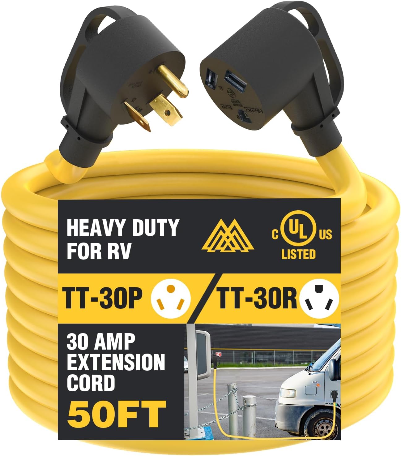 Cable de extensión de RV de 50 pies y 30 amperios NEMA TT-30P a TT-30R con mango de agarre, 3 clavijas de 125 voltios 103 STW 10 AWG calibre 3