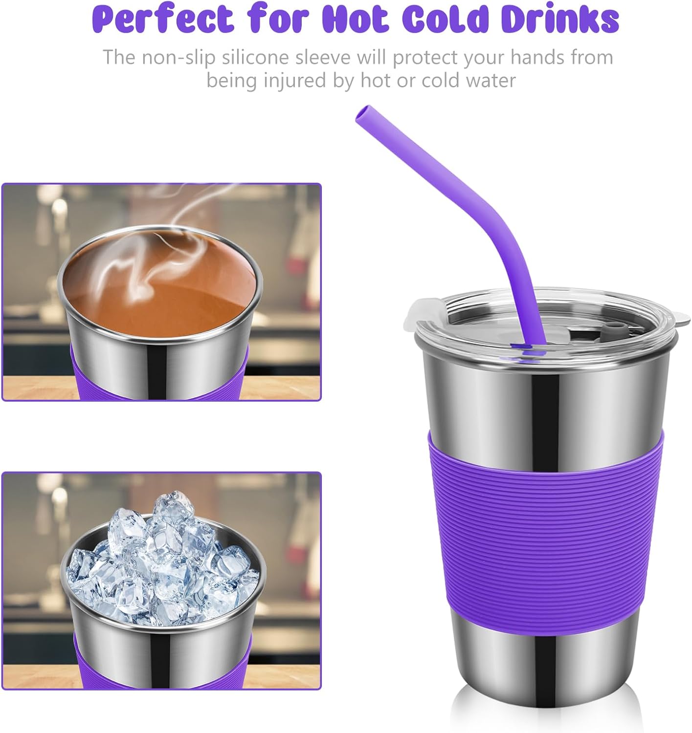 Yummy Sam Paquete de 6 vasos de 16 onzas para niños con tapas a prueba de derrames, de acero inoxidable, irrompibles, aislados, con mangas