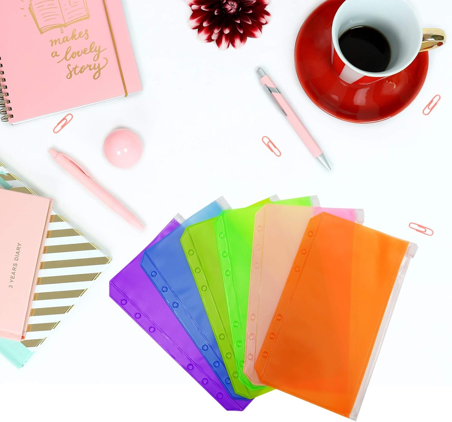 Bolsillos para carpeta A6, 12 piezas, coloridos sobres de 6 agujeros para cuadernos de 6 anillas, bolsas de hojas sueltas con 6 agujeros, bolsillos