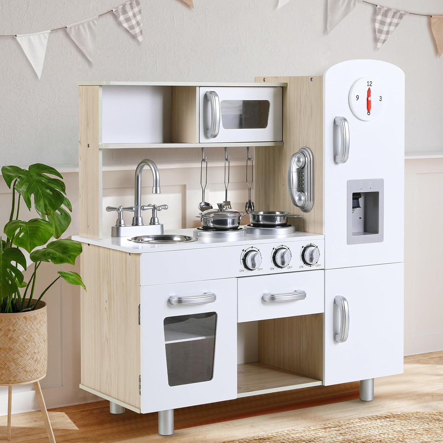 Arlopu Juegos de cocina preescolar, juego de cocina de simulación de madera, juego de cocina pequeño para niños pequeños con teléfono, estufa,