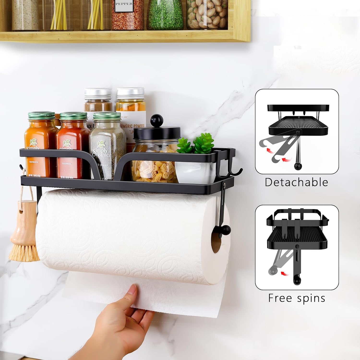 Taozun Soporte para toallas de papel con estante, soporte para papel de cocina, estante para especias, soporte para rollos de papel negro, soporte