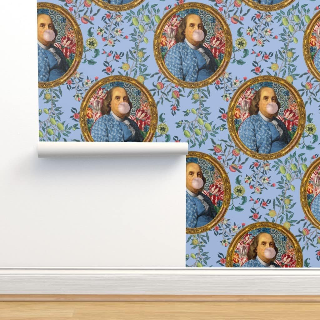 Spoonflower Papel tapiz extraíble de 12 x 2 pies  Benjamin Franklin Bubblegum Retrato Floral Estampado Azul Novedad Papel pintado personalizado