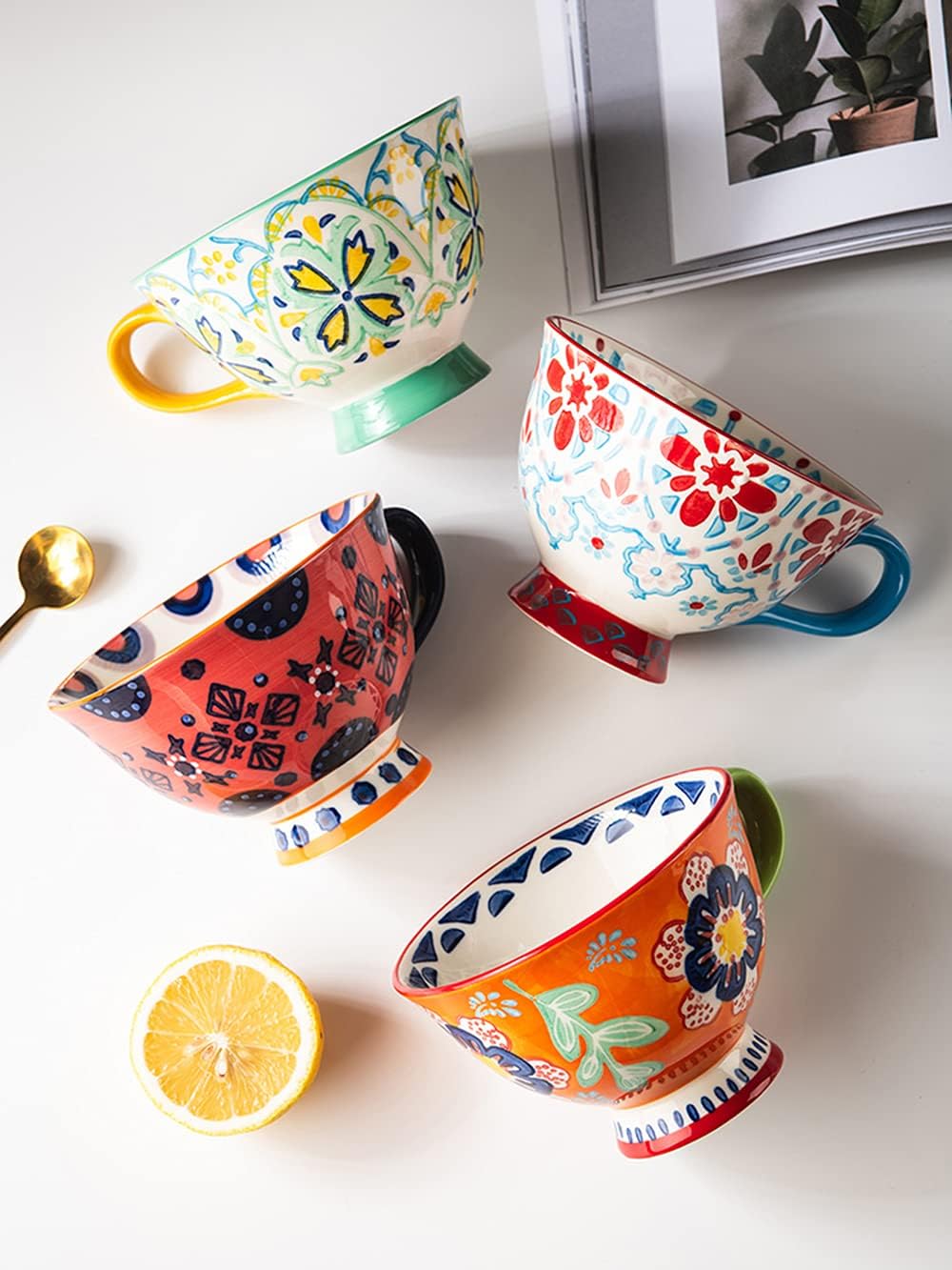Bicuzat Taza de café de cerámica de gran capacidad con patrón floral pintado a mano, taza de té y leche, taza de desayuno para el hogar, cocina, 14