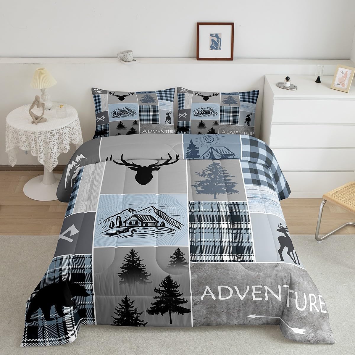Juego de edredón de cabaña, juego de ropa de cama rústica de oso y ciervo, tamaño matrimonial para niños, adolescentes y adultos, edredón de