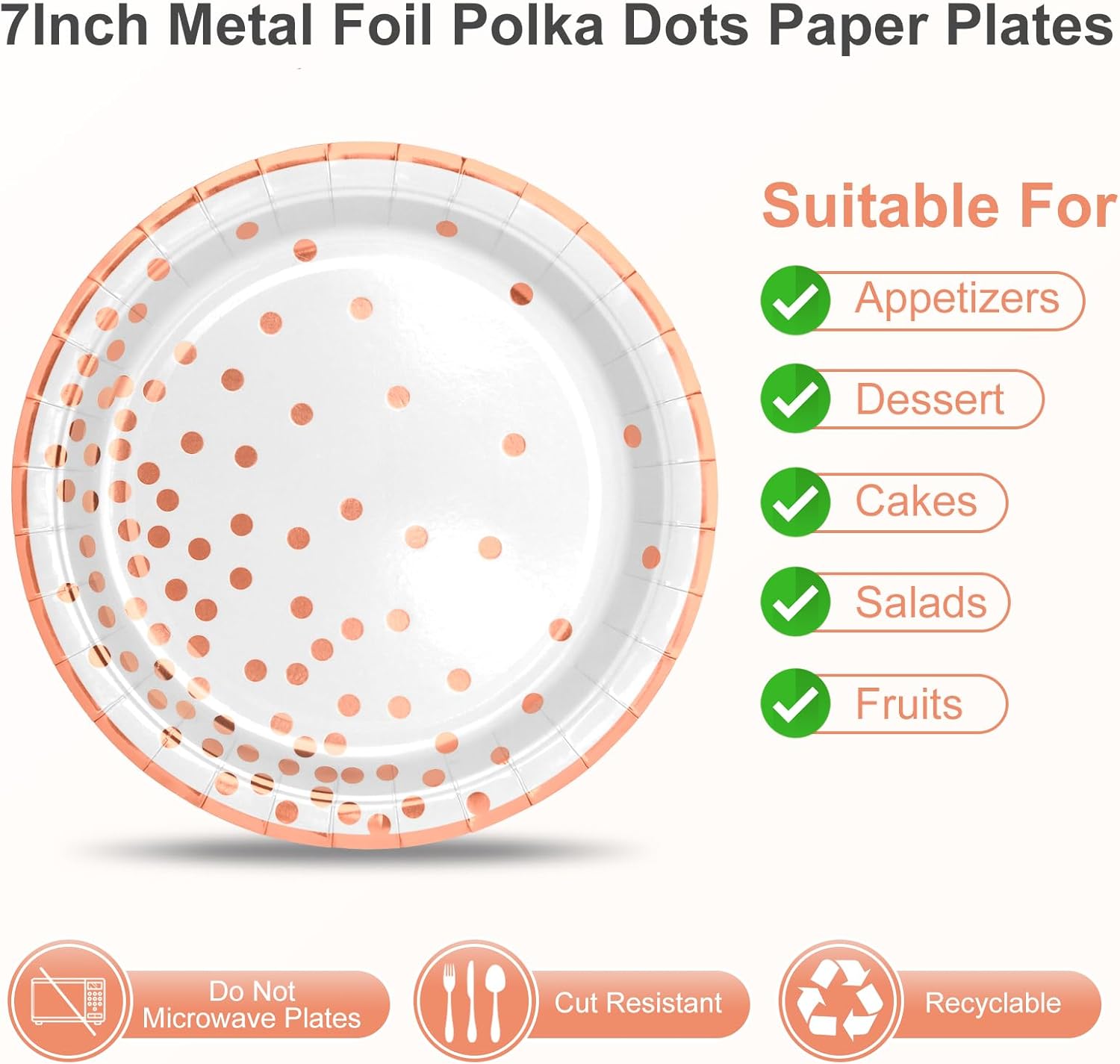 Juego de vajilla de papel de oro rosa, 25 platos desechables de papel de 7 pulgadas, 25 servilletas de 6.5 pulgadas y 25 tenedores de plástico de