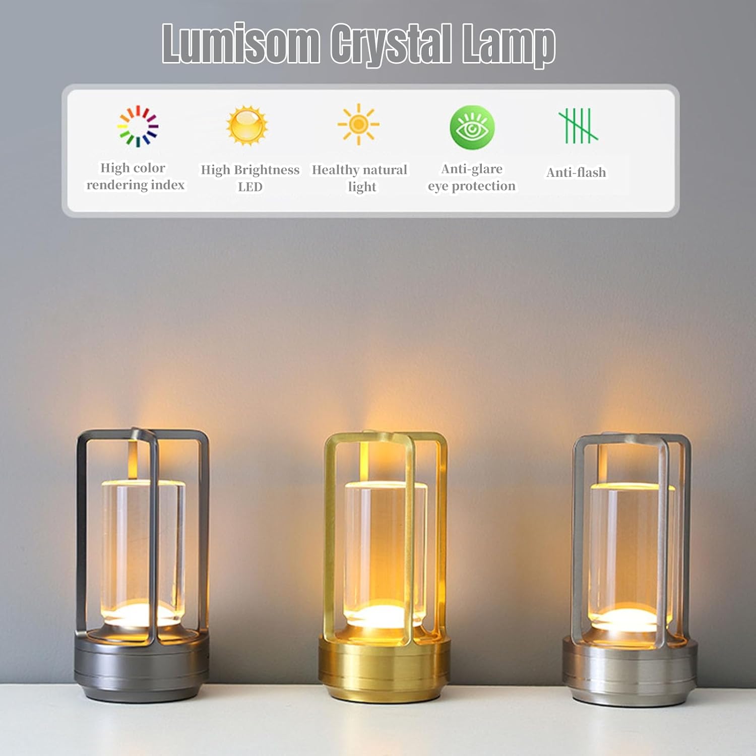 Lumisom – Lámpara de cristal Lumisom, lámpara de mesa inalámbrica recargable, control táctil de 3 colores, atenuación continua para restaurante,