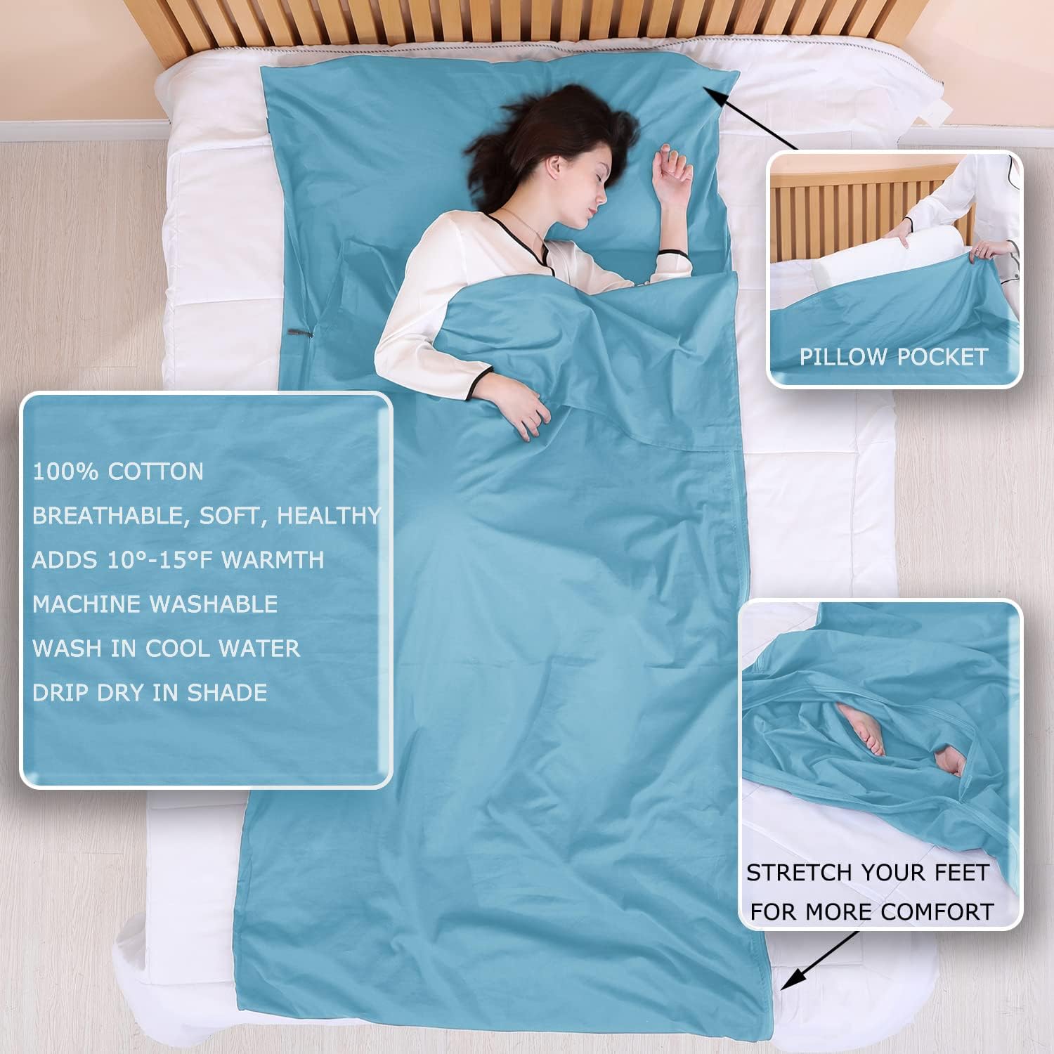 Forro para saco de dormir 100% algodón con cremalleras completas, saco de dormir grande de 87 x 43 pulgadas para adultos para viajes y campamentos,