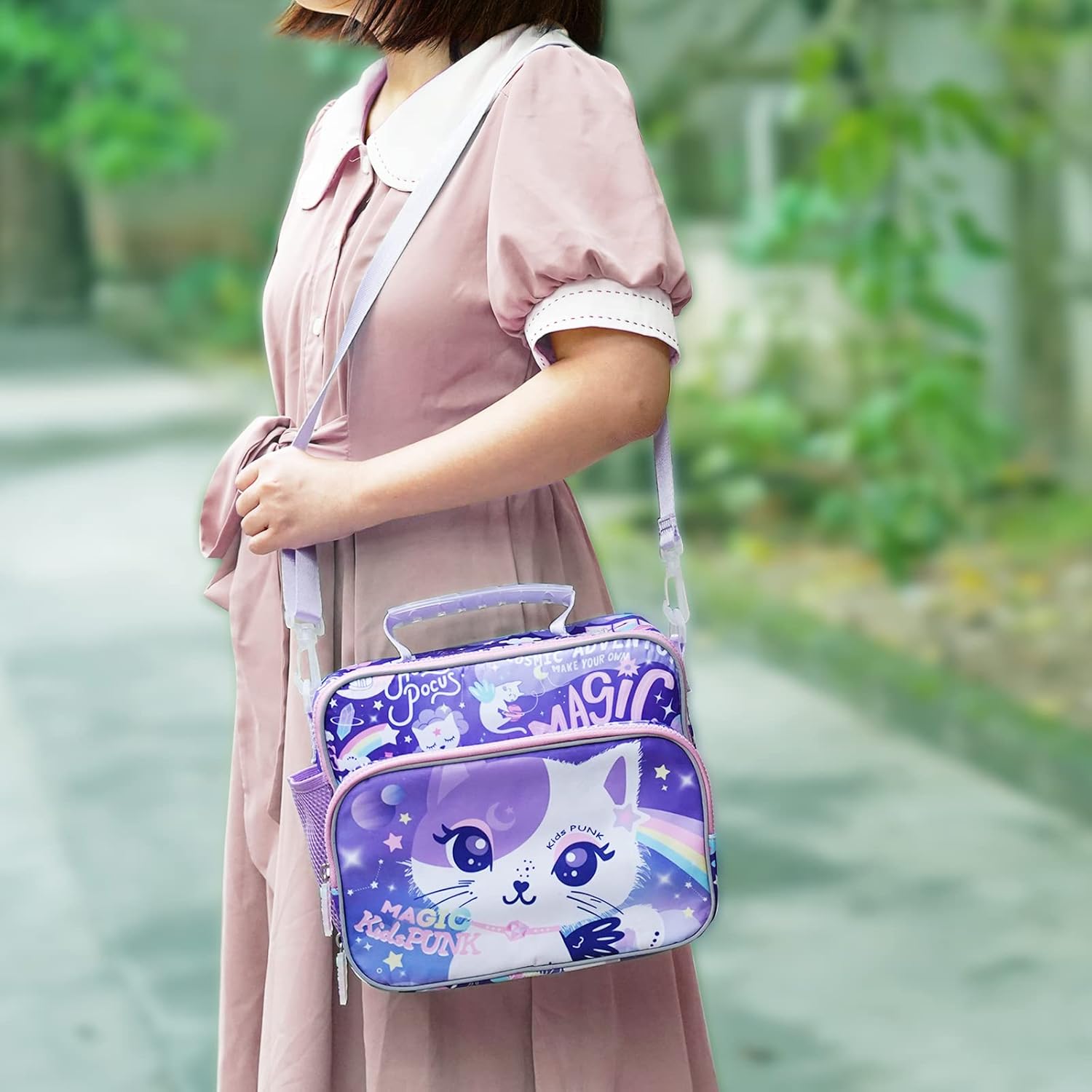Purple Cat – Lonchera unisex para niños y niñas, de aluminio, con soporte para botella de agua, aislada, sin BPA, fácil de limpiar, gran habitación