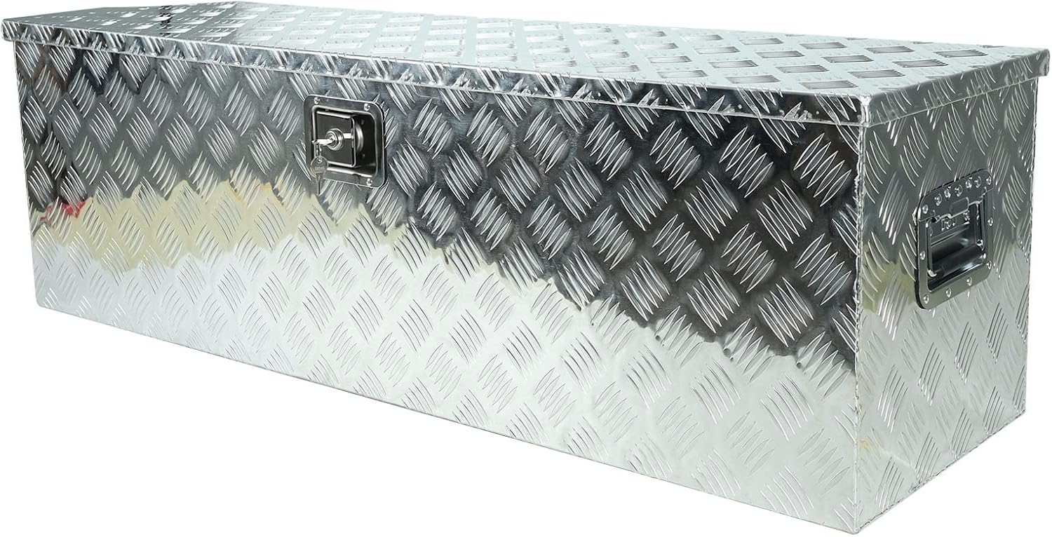 Caja de herramientas de aluminio plateado de 49 x 15 x 15 pulgadas, caja de herramientas con cerradura y llave, banda de rodadura de 5 barras