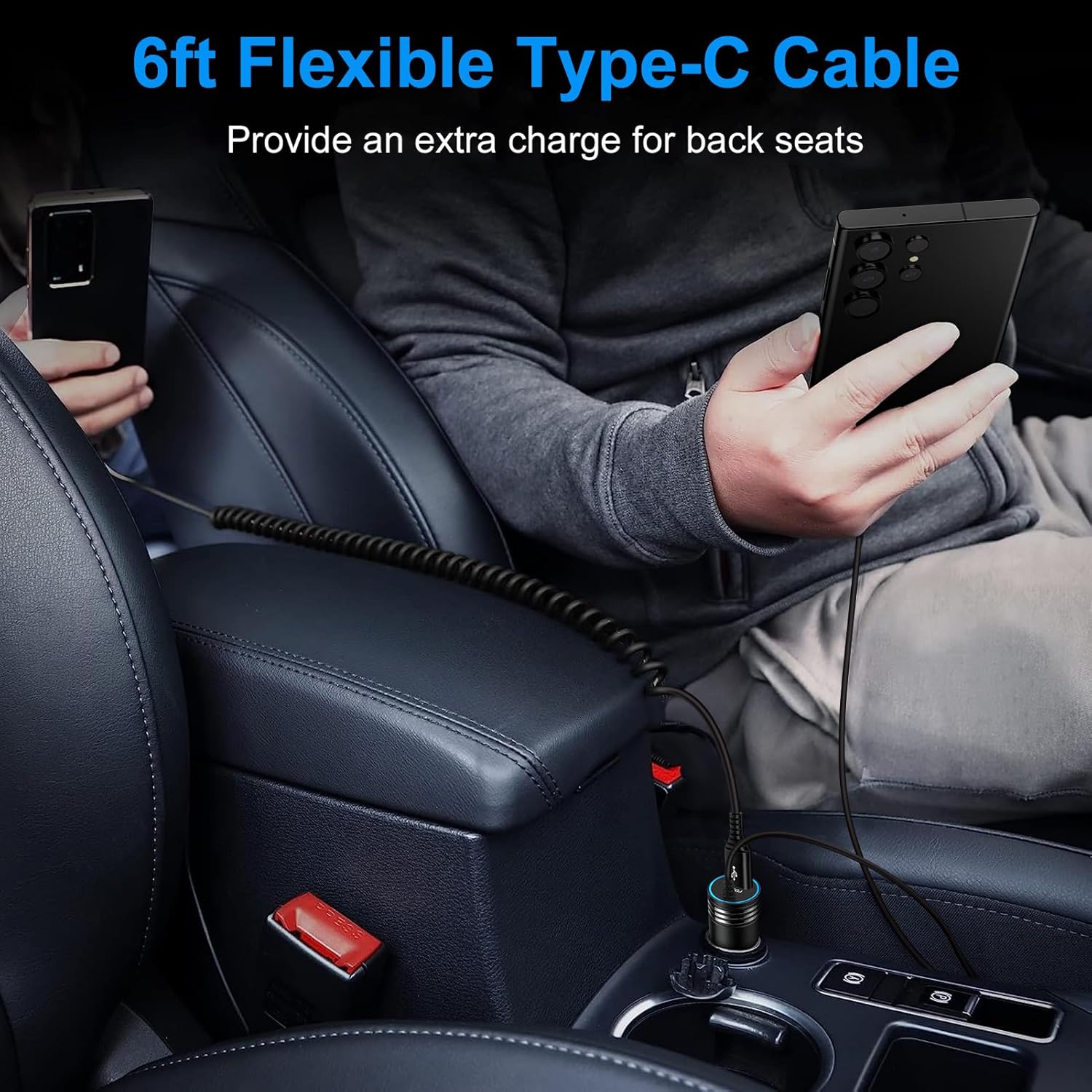 Cargador de coche Android Auto de 48 W, cable USB C retráctil para teléfono rápido, cable de carga en espiral tipo C de 3 pies y 6 pies para Samsung