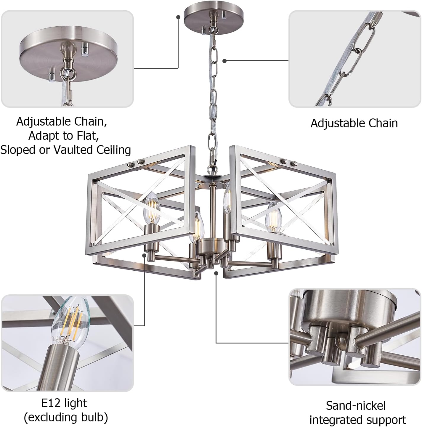Szleomay Candelabro moderno de níquel cepillado, 4 lámparas de araña para comedor con marco cuadrado de metal, altura ajustable, accesorios de