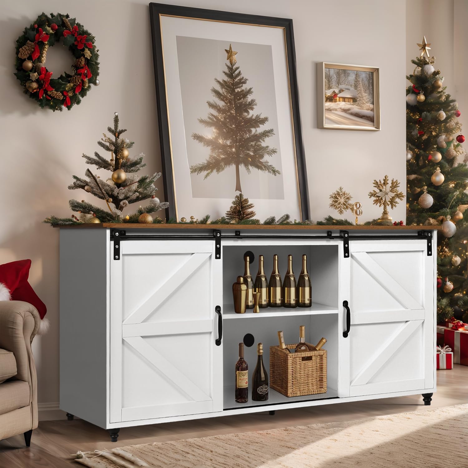 Armario de barra de café de granja, gabinete de buffet de cocina de 58 pulgadas con estante de almacenamiento, patas de calabaza, gabinete de mesa
