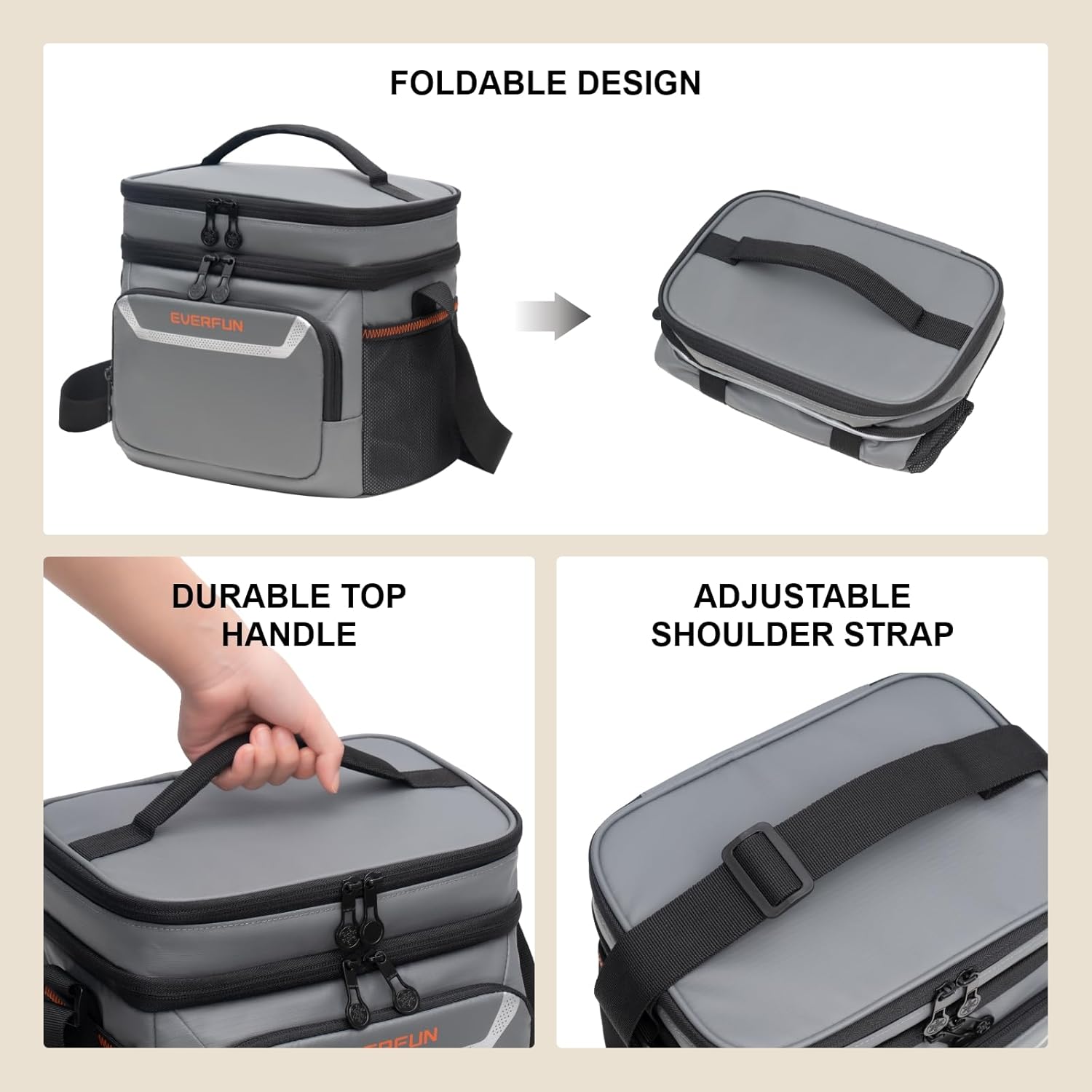 Everfun Lonchera térmica suave para hombres, con doble compartimento, pequeña, plegable, impermeable, a prueba de fugas, para el trabajo, color gris