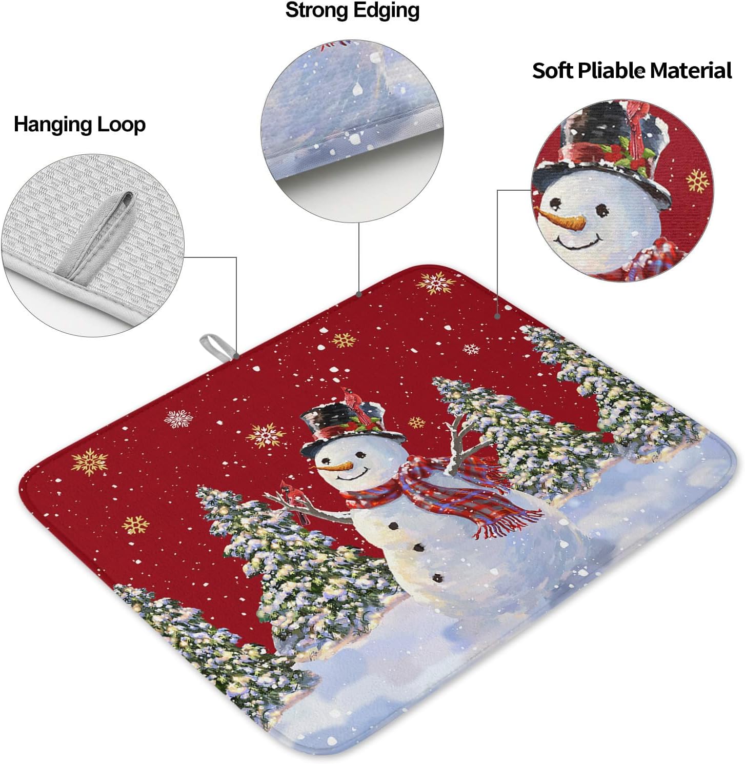 Tapete de secado de platos rojo de Navidad para encimera de cocina, tapete de cocina de secado de muñeco de nieve de Navidad para fregadero,