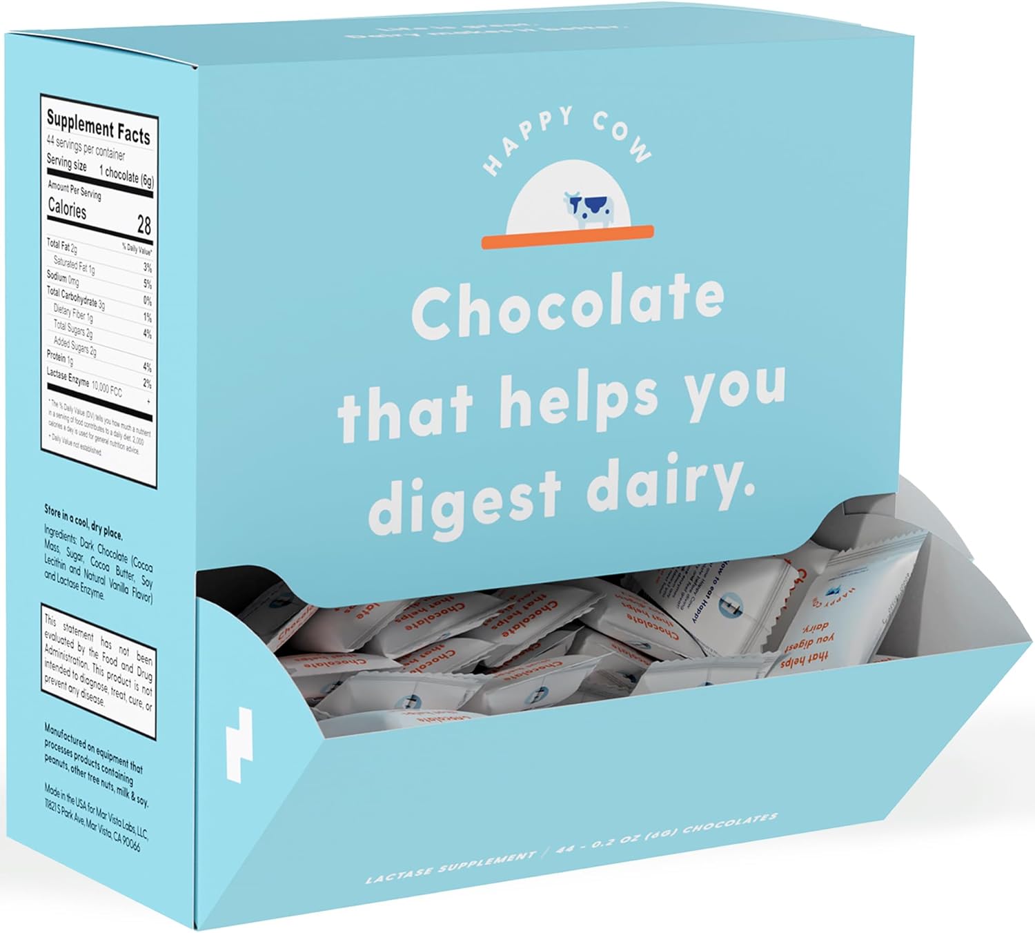 Happy Cow Chocolate, suplemento de lactasa de acción rápida, alivio de la intolerancia a los lácteos y a la lactosa, totalmente natural, fabricado