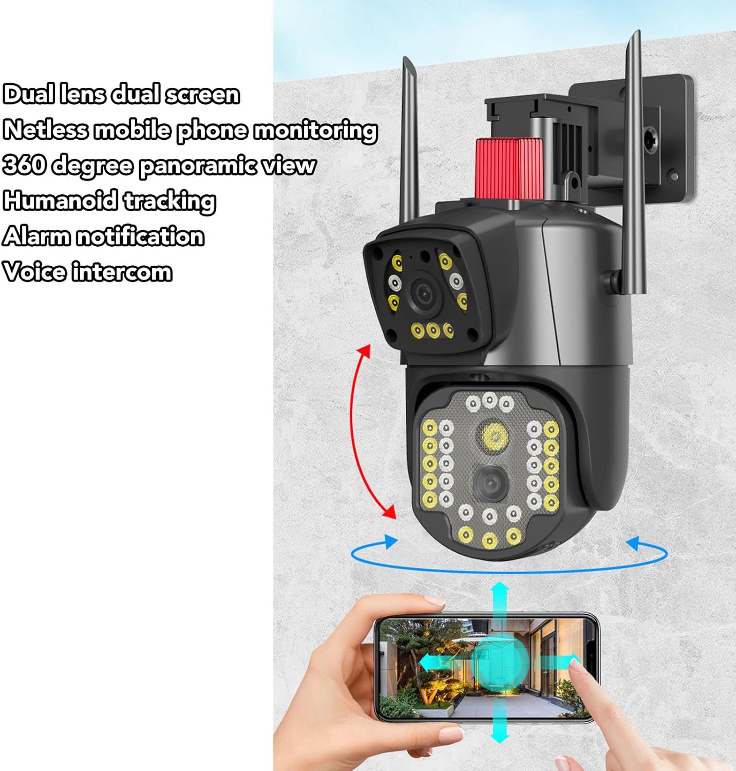Cámara de seguridad de doble lente al aire libre, 360 grados giratoria 1080P impermeable cámara de seguridad al aire libre para estanque de peces