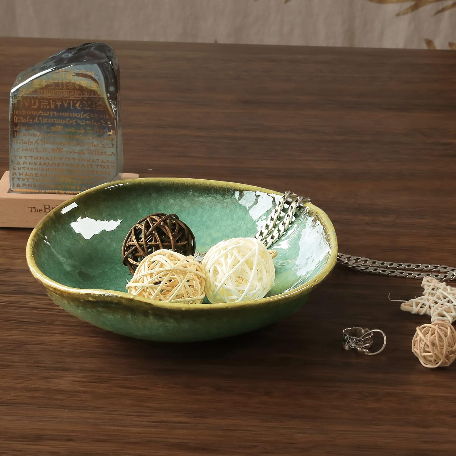 VOMANA Cuenco decorativo de cerámica con esmalte verde, cuenco pequeño para dulces de 8 pulgadas, plato para llaves para mesa de entrada, acento de