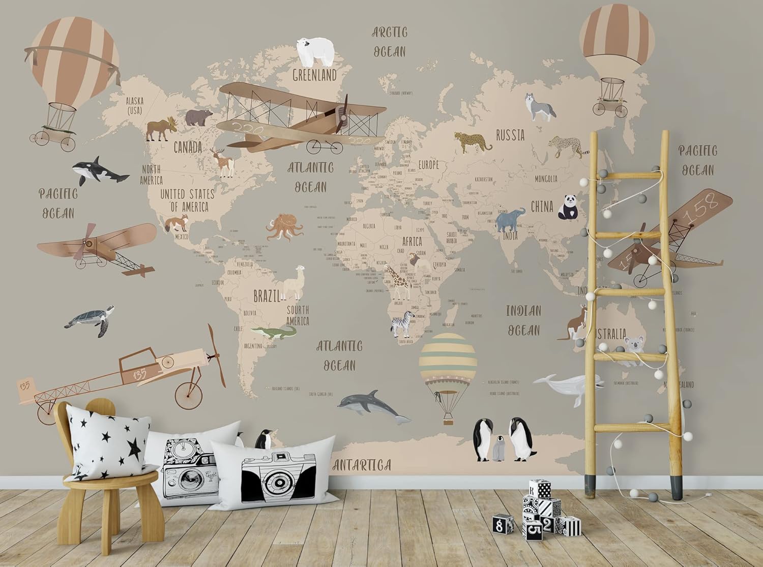 Kids Map Wallpaper World Map Wall Mural Beige Map Wallpaper Map Wall Art Airplane Hot Air Balloon Wall Print Kids Room Wallpaper Mural