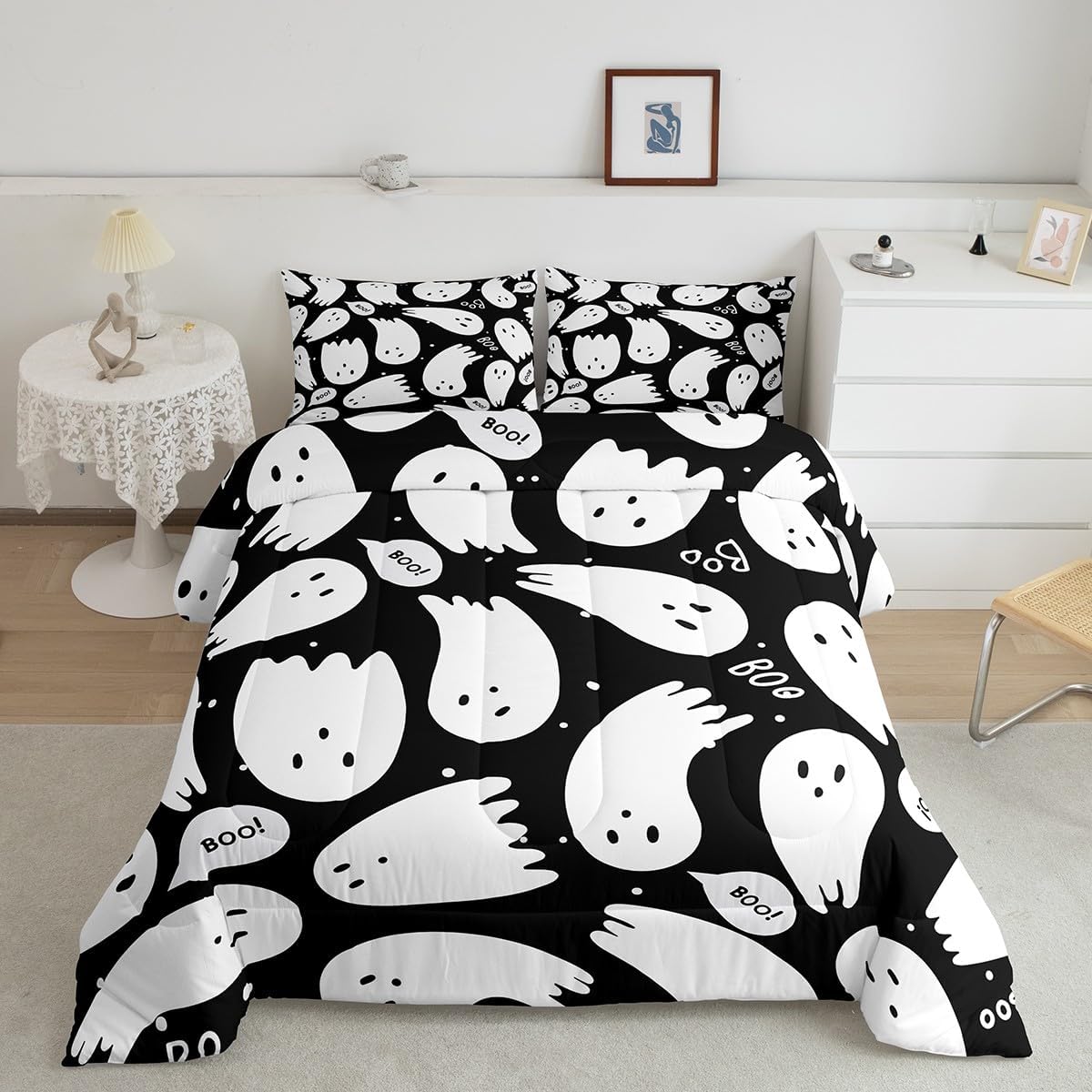 Juego de ropa de cama de Halloween, tamaño matrimonial, juego de edredón de fantasmas de dibujos animados para niños y niñas, lindo edredón kawaii