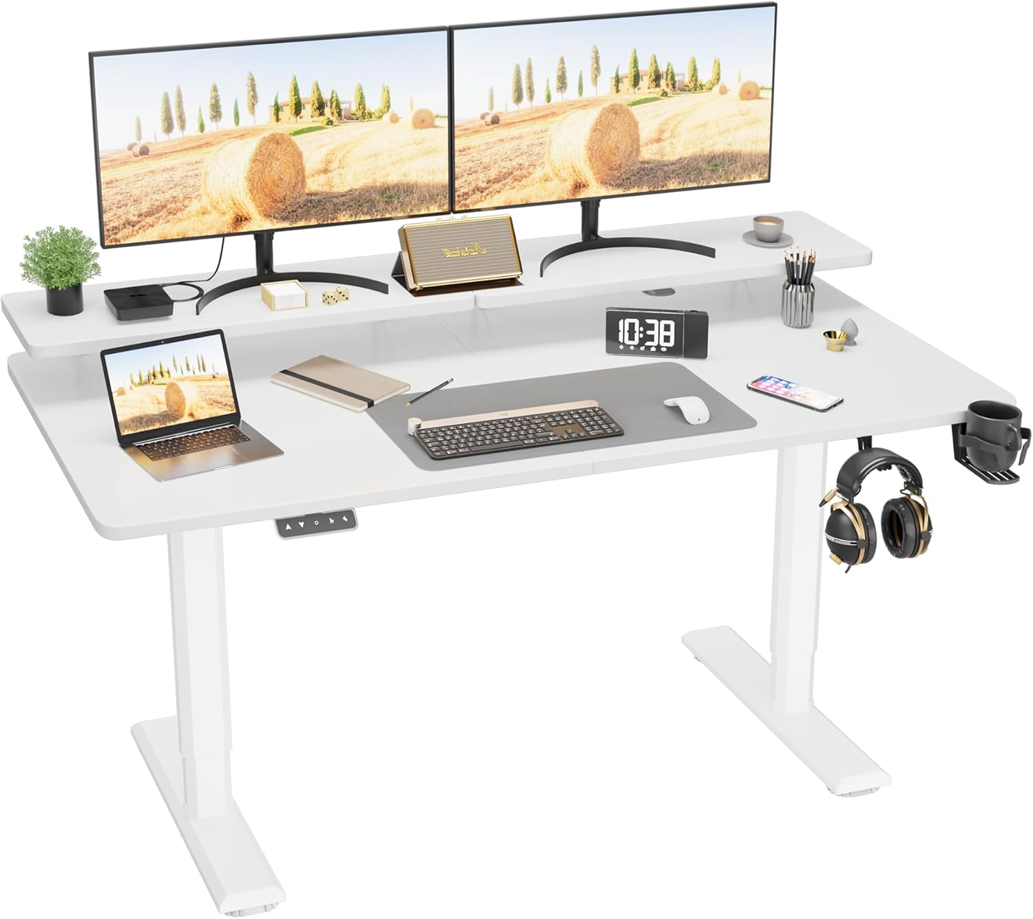 Kemon Escritorio eléctrico de pie con soporte para monitor, escritorio de pie ajustable de altura de 55 x 24 pulgadas, estación de trabajo para