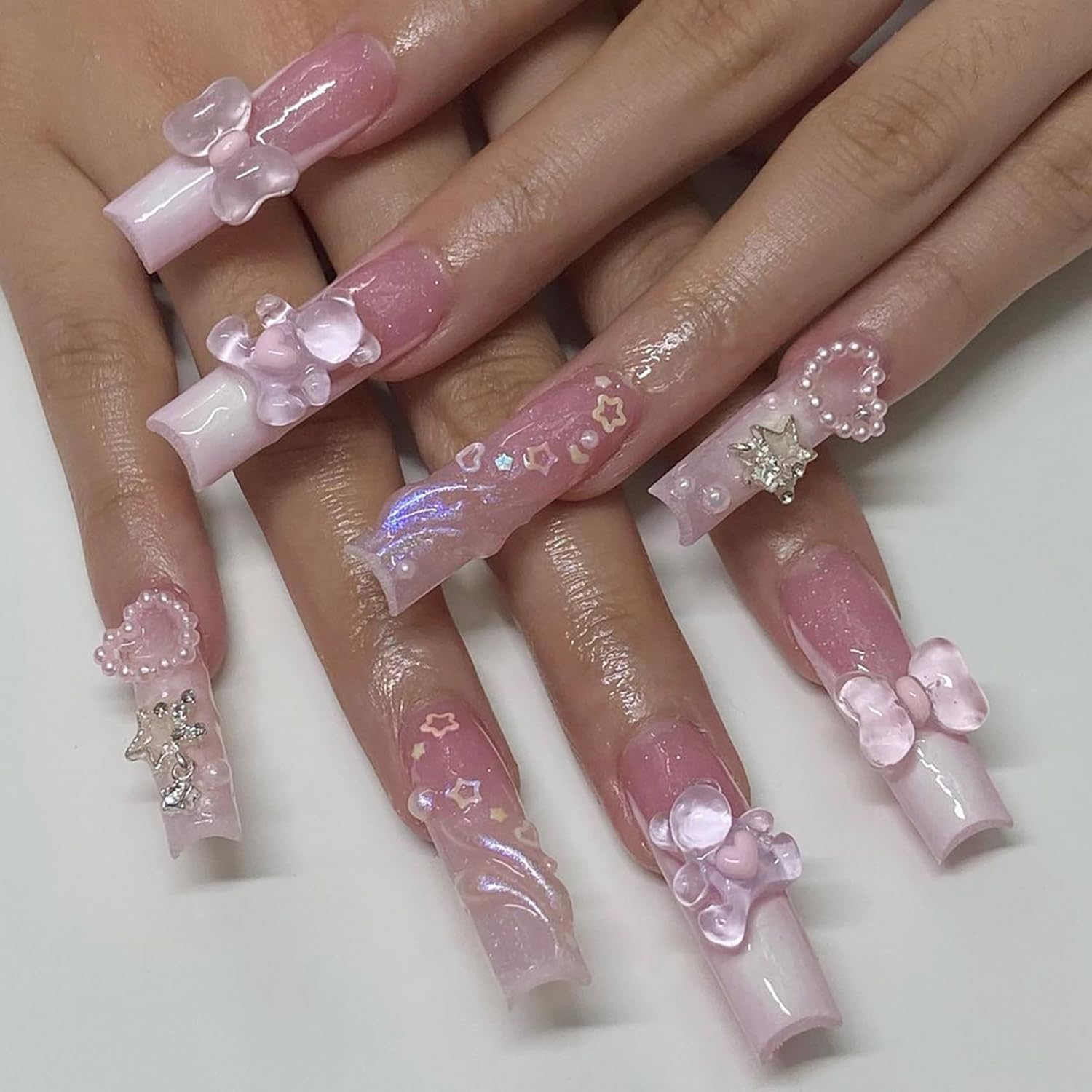 24 uñas postizas cuadradas a presión, uñas largas con purpurina rosa con lazo de encanto, bonitos diseños de osos y diamantes de imitación, uñas