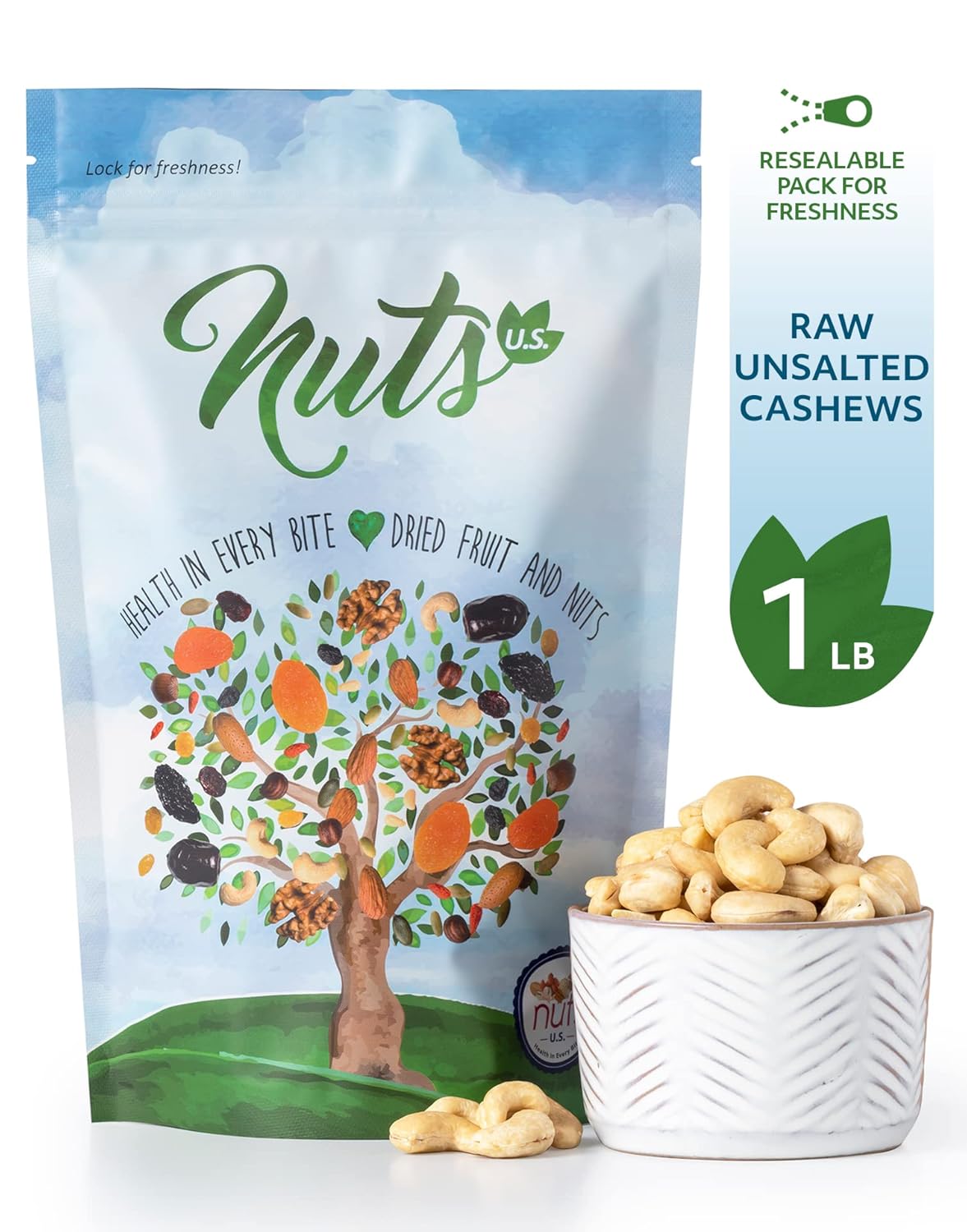 NUTS U.S. – Anacardos  Crudos y sin sal  Granos enteros y sin cáscara  Frescos y sin tostar  Anacardos naturales a granel (1 libra)