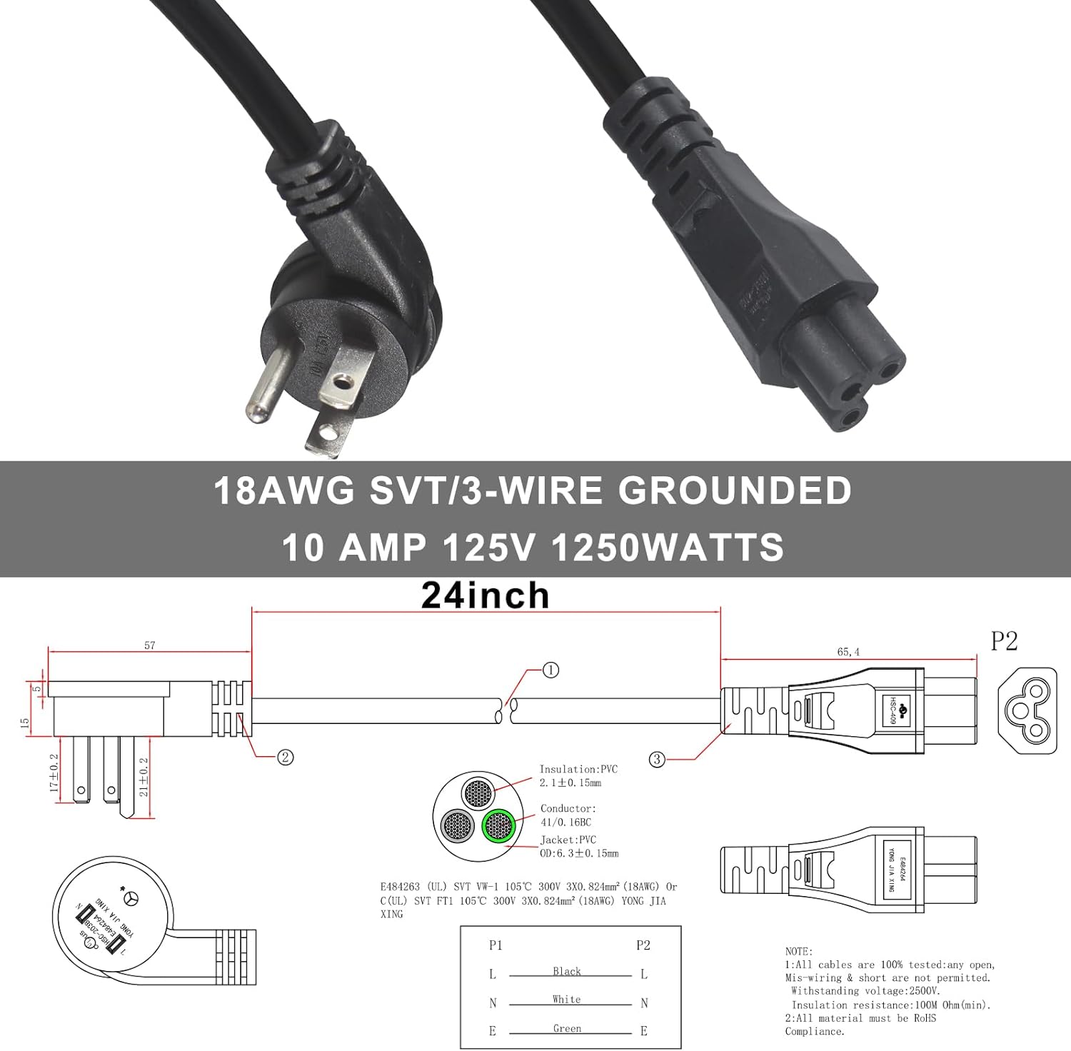 Cable de alimentación estándar para portátil de 2 pies, 18 AWG 45 grados, enchufe plano NEMA 5-15P a Iec 60320 C5, cable de alimentación de CA