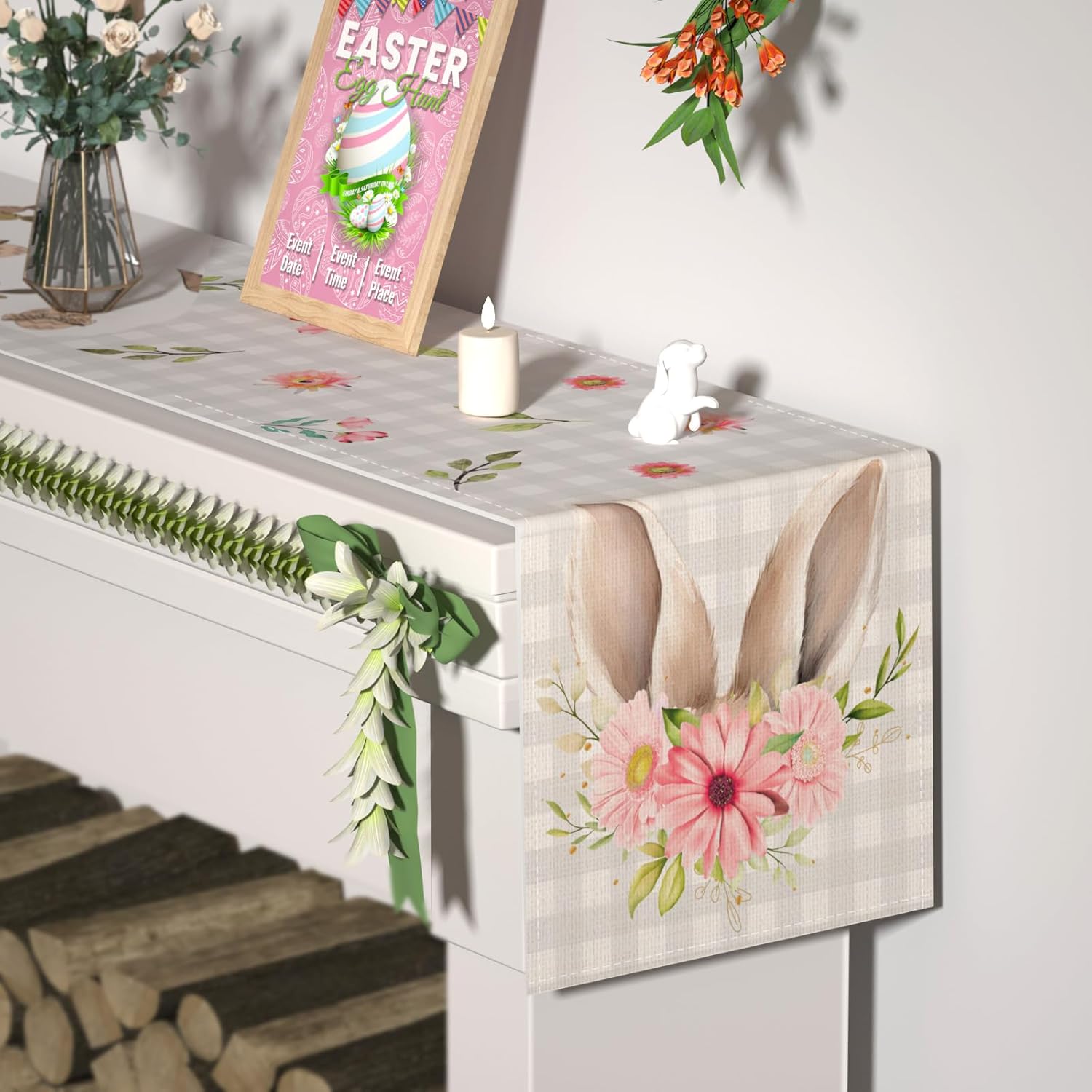 Camino de mesa de Pascua para cocina, comedor, orejas de conejo a cuadros, flores, decoración de mesa de Pascua, camino de mesa de primavera de