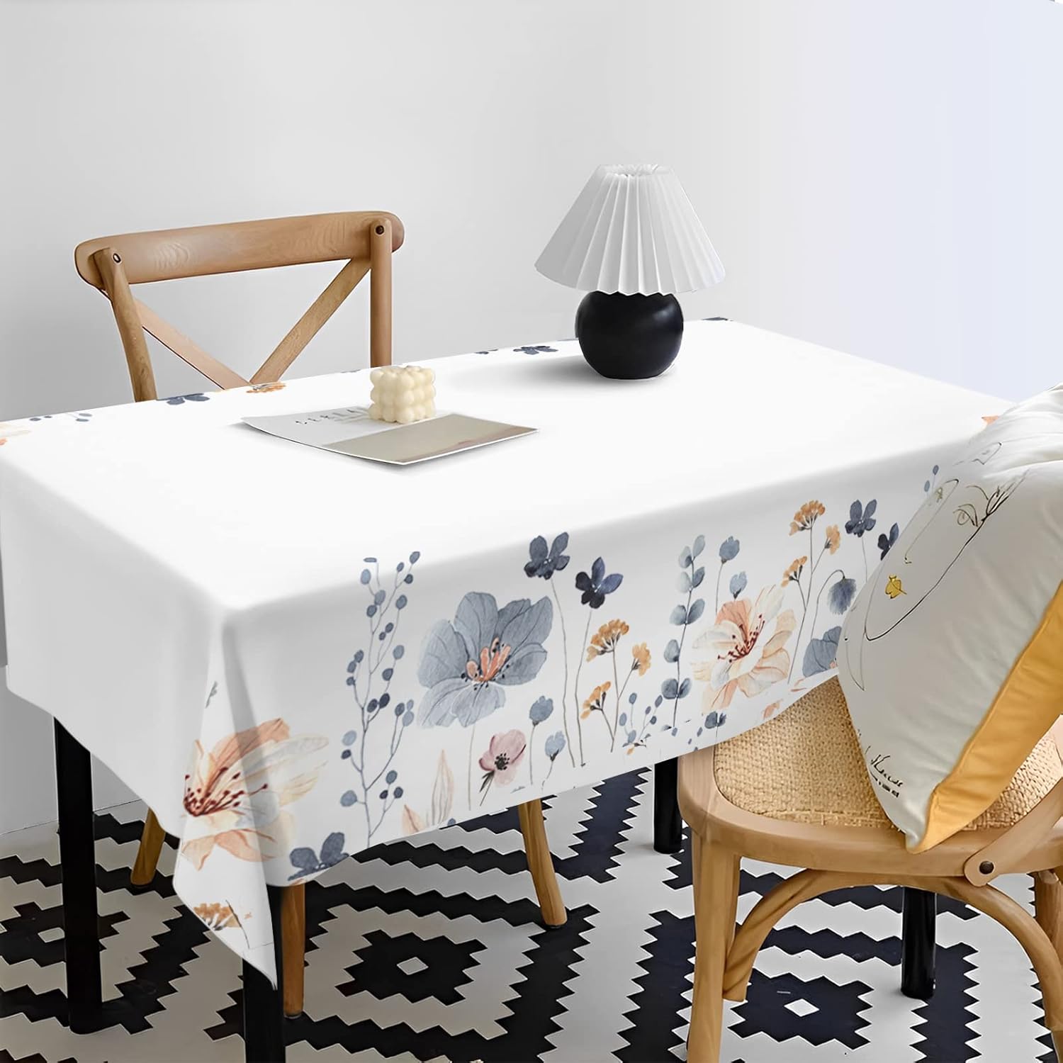 Blue Beige Flowers Fabric Waterproof Tablecloth,Rectangle Watercolor Wrinkle Oil-Proof Resistant Table Cover for Dining Table, Modern Minimalist