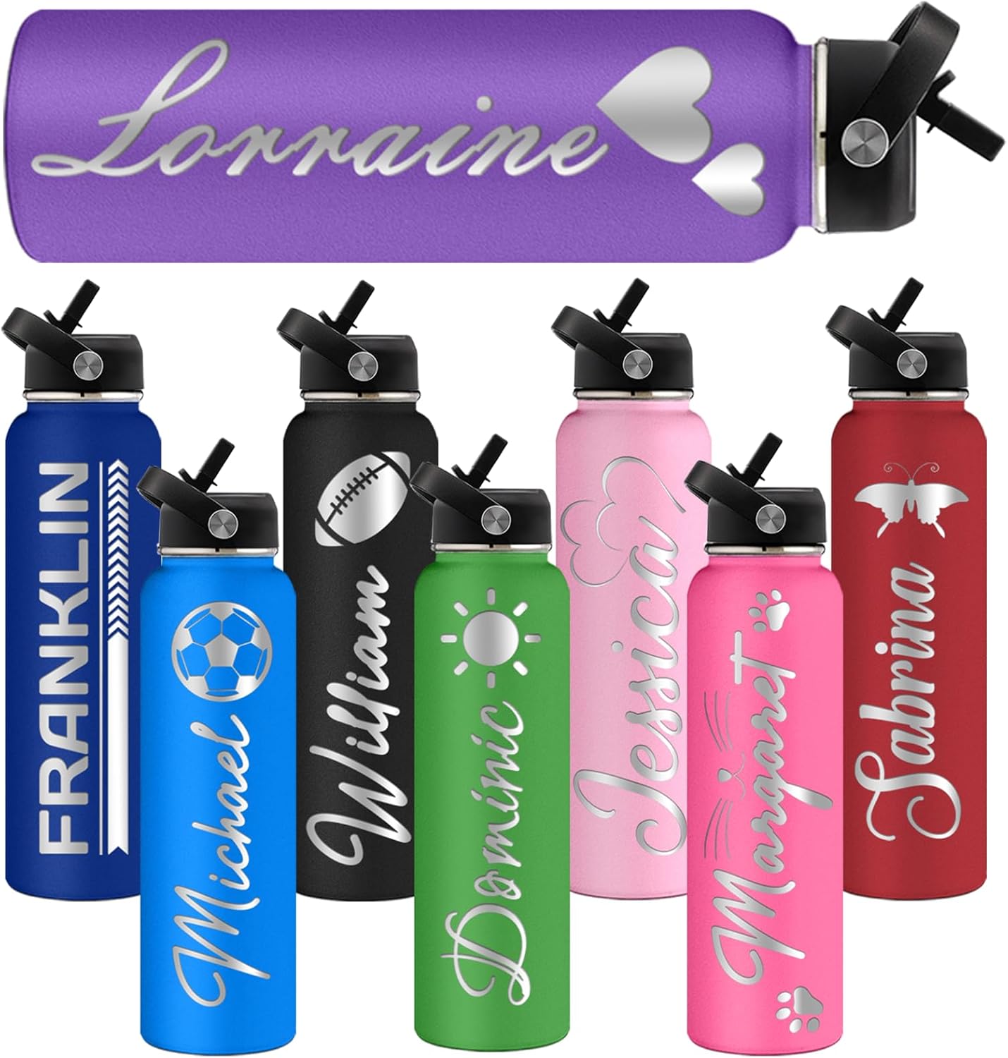 GBVllexuii Botellas de agua personalizadas de acero inoxidable con tapa de pajilla, botella de agua deportiva aislada de 32 onzas con nombre grabado