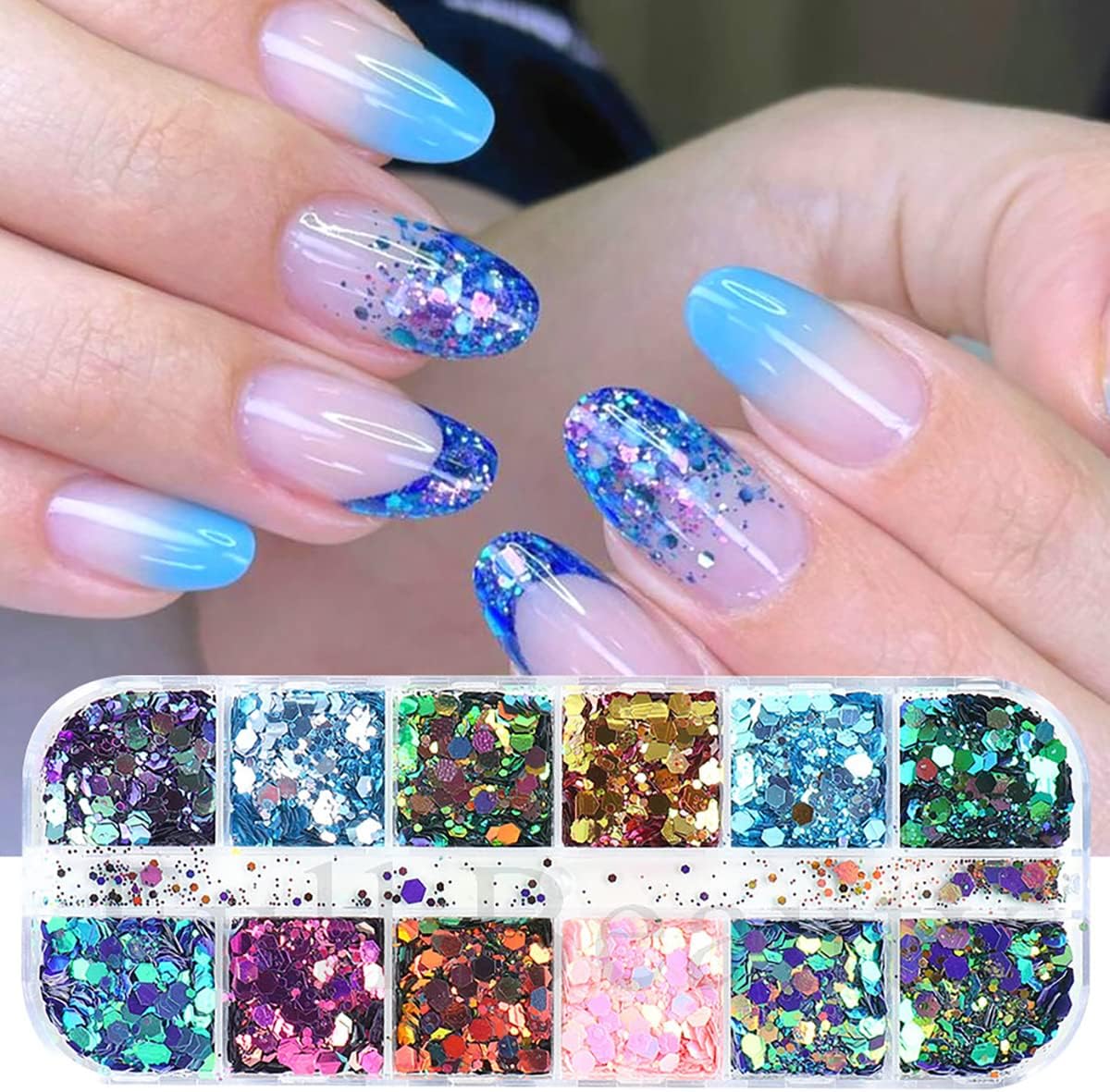 Lentejuelas hexagonales gruesas con purpurina holográfica en polvo de sirena en escamas brillantes para arte de uñas, lentejuelas iridiscentes,