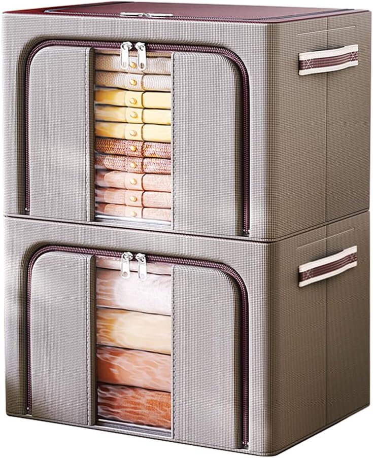 Metacrafts Caja organizadora de tela apilable y plegable, paquete de 2, contenedores de tela de gran capacidad con interior dividido, marco de metal
