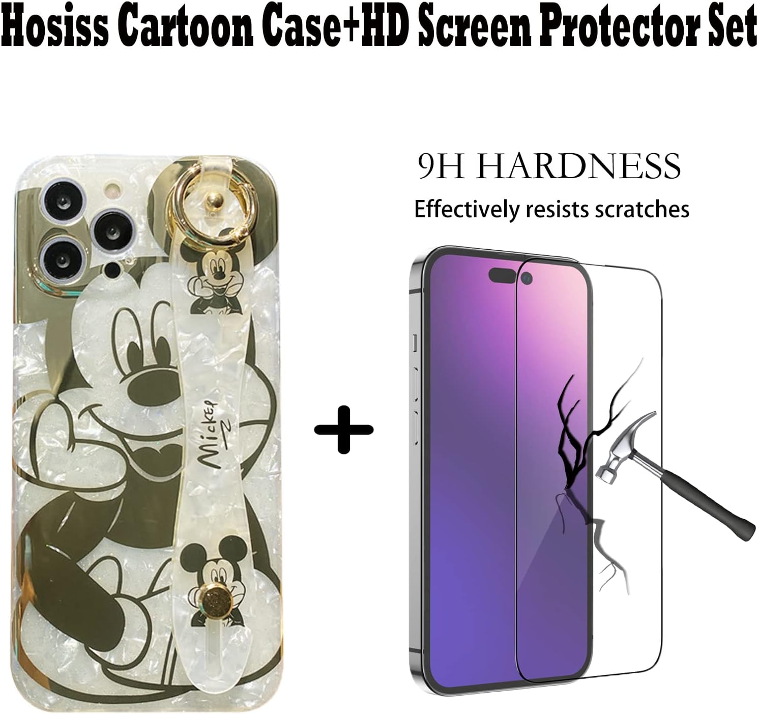 Funda de dibujos animados para iPhone 15 Pro Max de 6.7 pulgadas con protector de pantalla HD, Mickey Mouse con correa para la muñeca, correa de