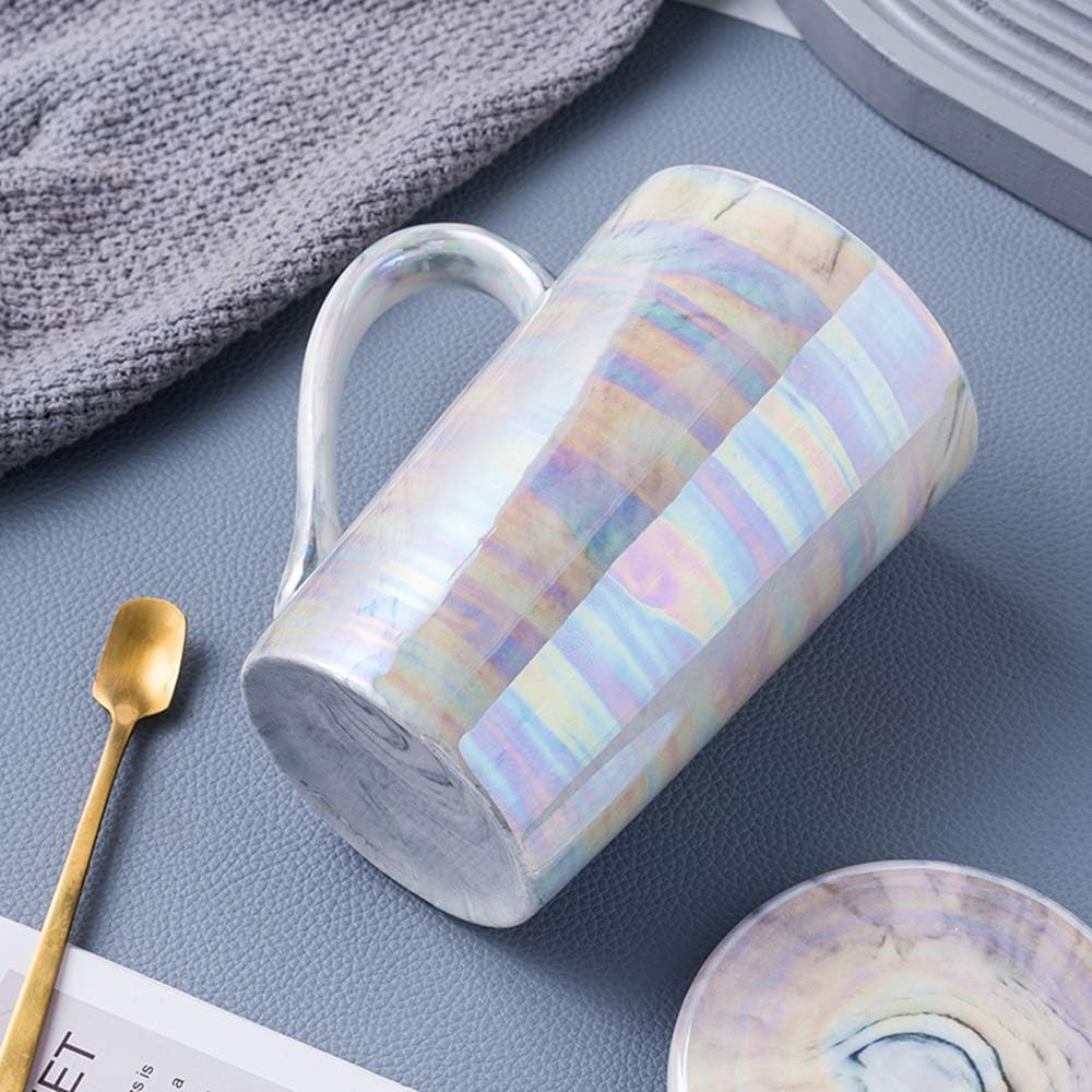 YUESITE Taza de café de cerámica de 12 onzas, tazas altas de café iridiscentes, lindas tazas de café de cerámica para mujeres Mon, aptas para