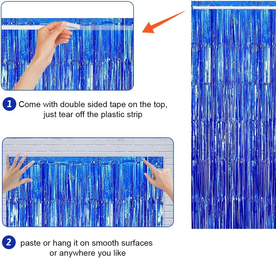 MEHOFOND Paquete de 3 cortinas de flecos de papel de aluminio azul rey de 3.3 x 6.6 pies, decoración de fiesta, telón de fondo metálico con flecos