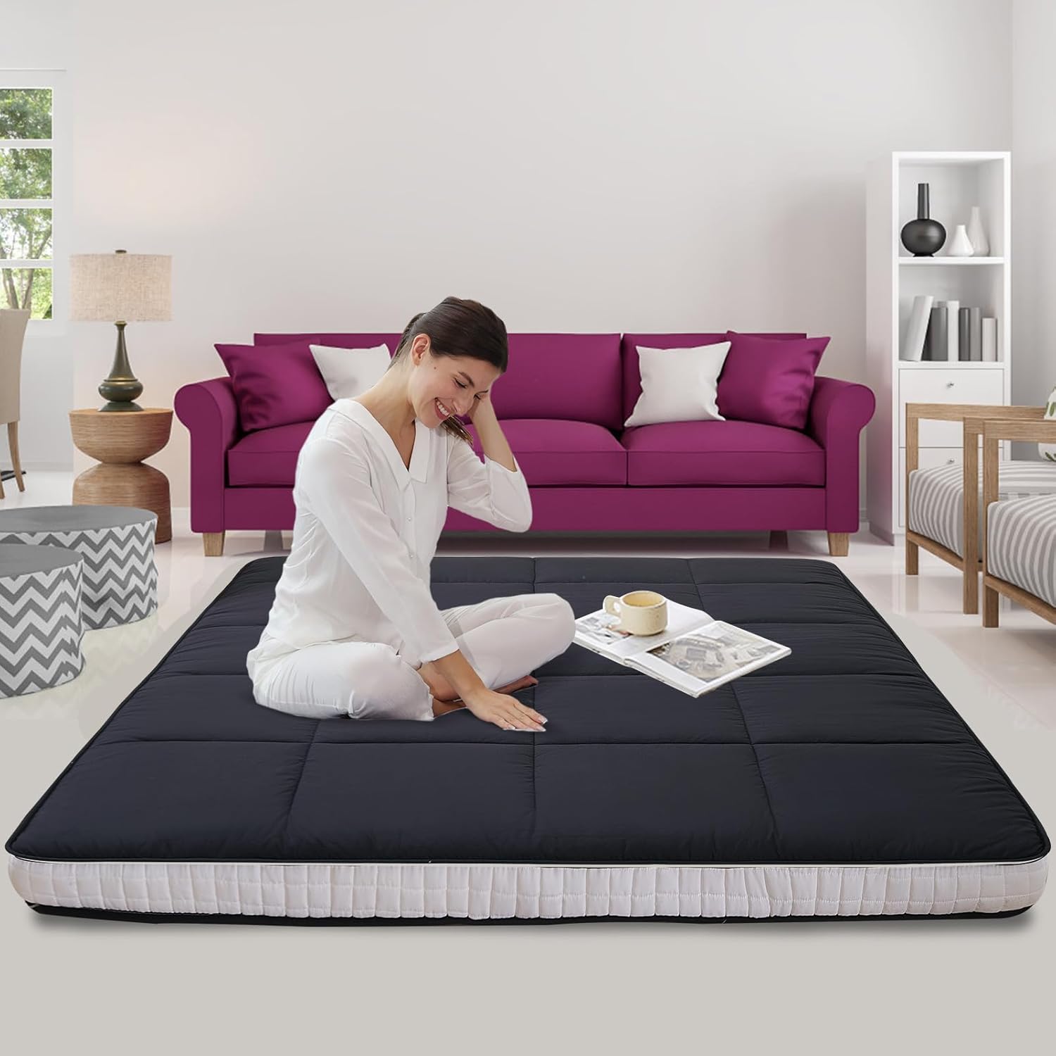 LILYPELLE Colchón japonés futón, colchón plegable, colchón enrollable, tapete de tatami para dormir, tumbona de suelo, cama de invitados, fácil de