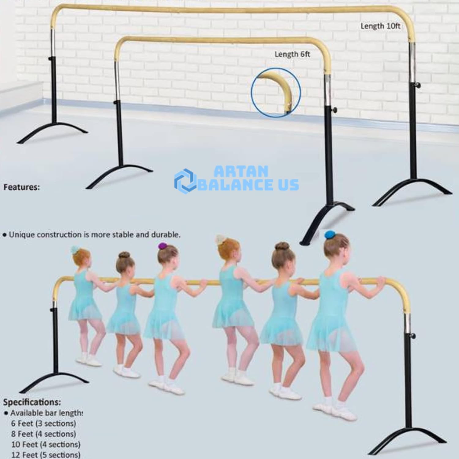 Barra de ballet portátil para el hogar o estudio, barra ajustable de altura para estiramiento, pilates, baile o entrenamientos activos, barra