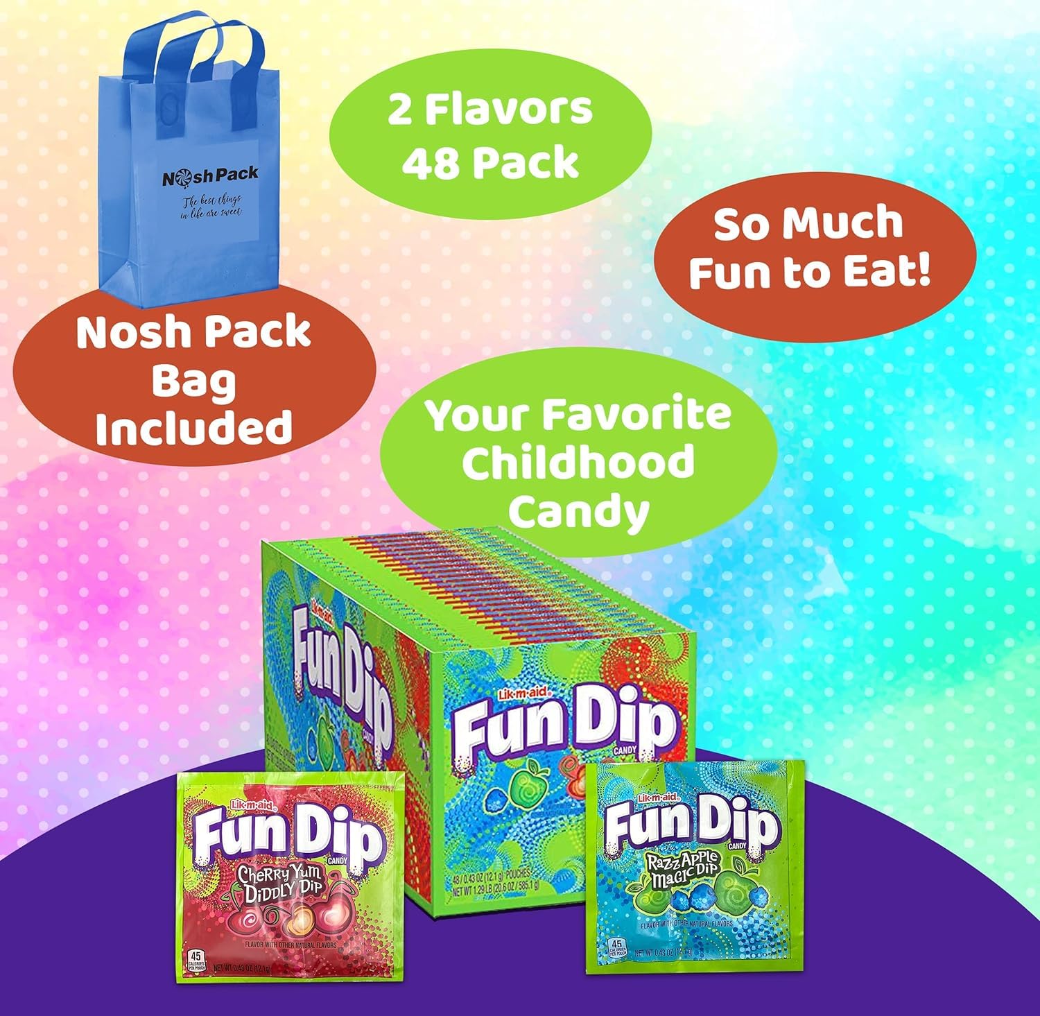 Fun Dip Candy – Paquete a granel de 2 sabores de salsa mágica de manzana y cereza Yum Diddly Dip con bolsa de caramelos Nosh, envueltas